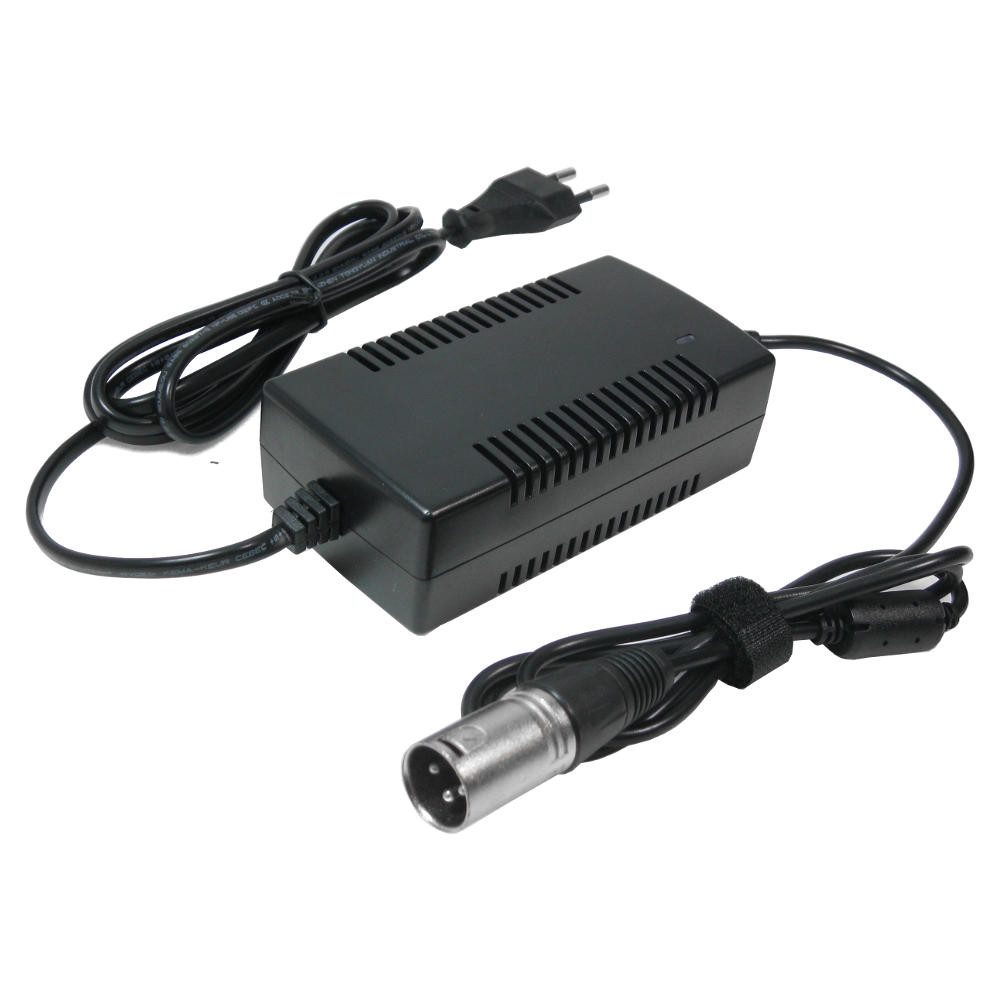 Trade-Shop Ladegerät passend für 48V Akkus mit 3pin XLR-Anschluss (18,5 x 15,5mm) Netzteil (Länge: ca. 2m / Stecker: 3pin XLR / mit LED-Ladestandsanzeige)