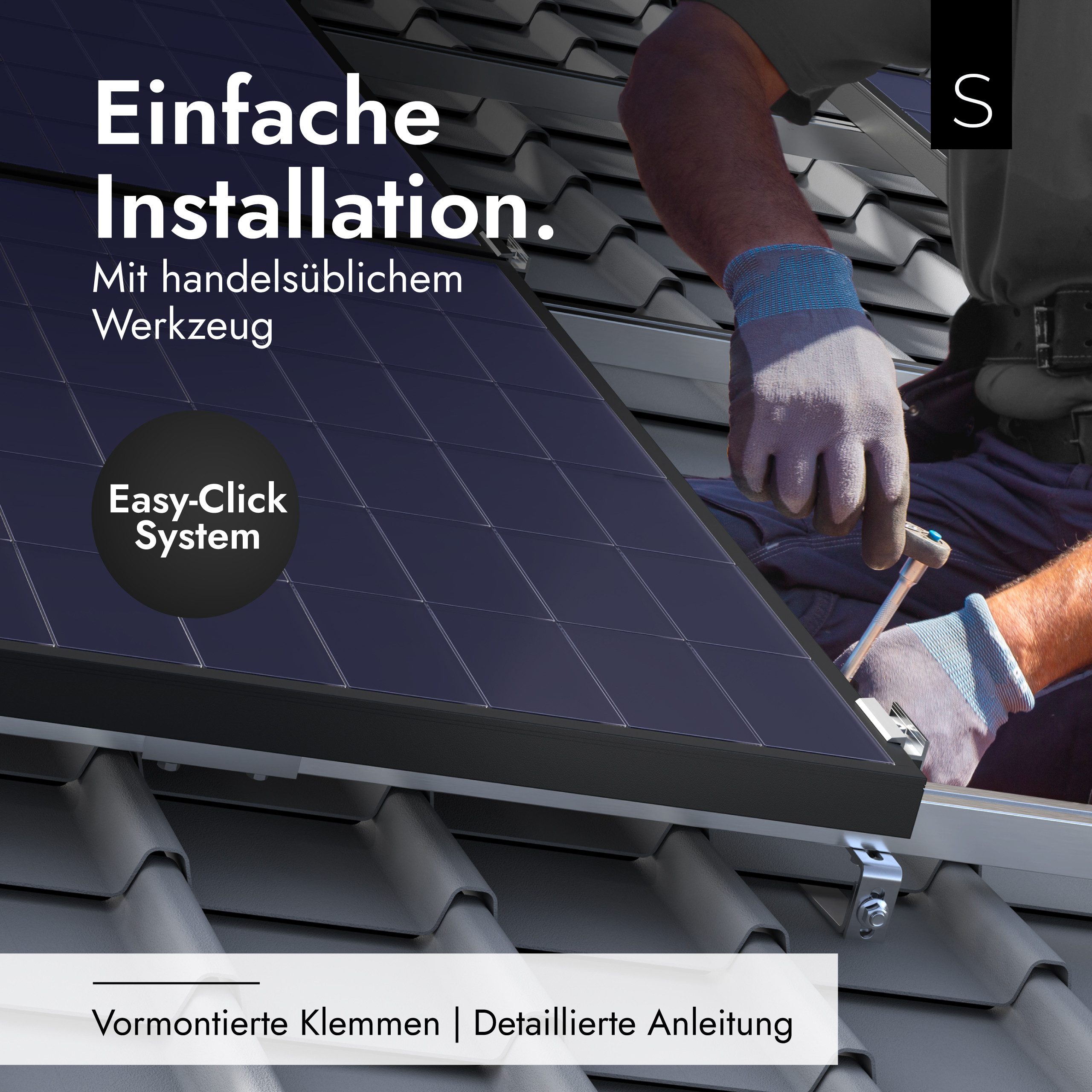 SOLAFIX Solarmodul-Halterung Ziegeldach - Dachmontage Komplett-Set für 2 Solarmodule 30–40 mm, (Solafix Ziegeldach-Solarhalterung mit EASY-CLICK für schnelle Montage, AL6005-T5 Aluminium & Edelstahl 1.4301, für 300–440 Wp, 30–40 mm)