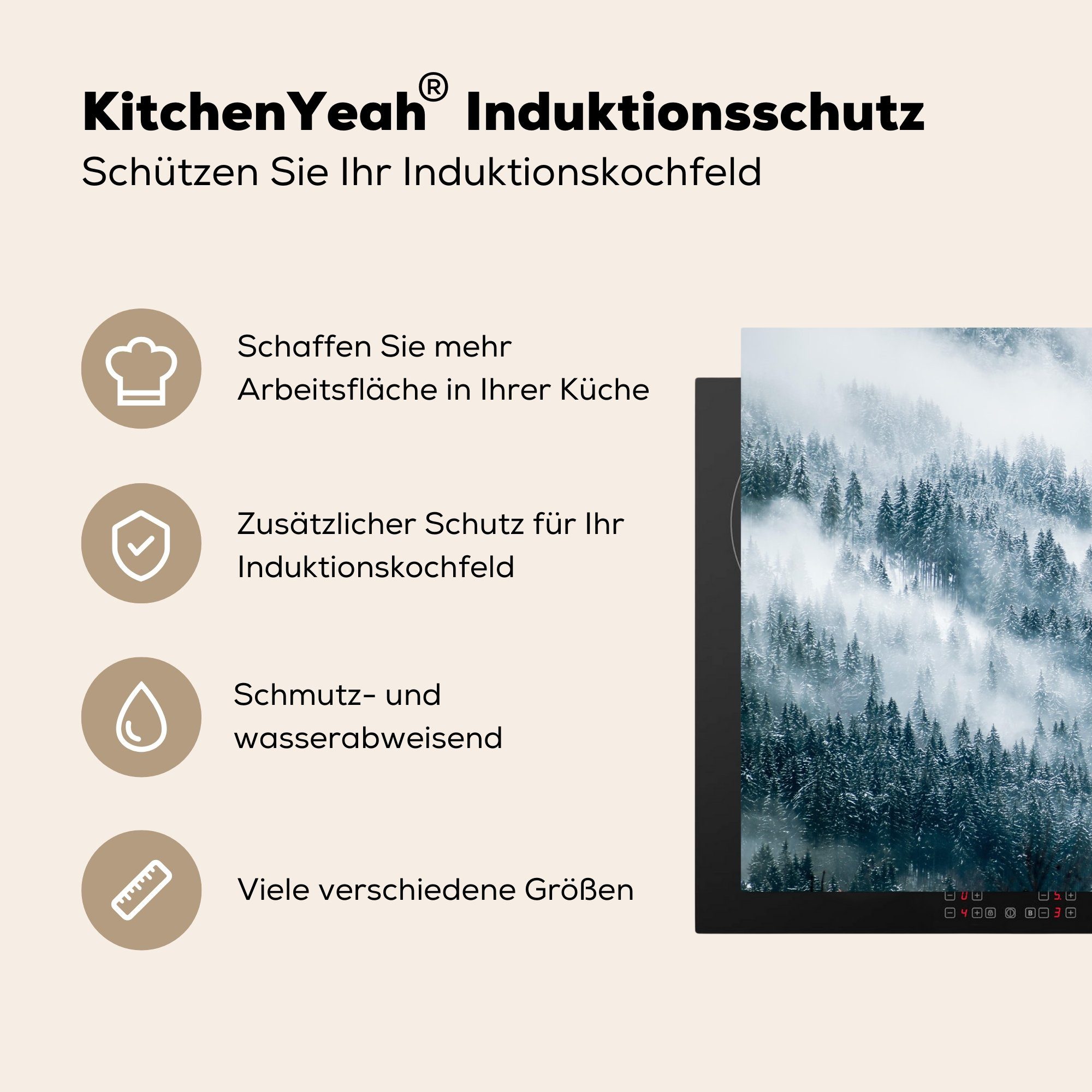 - Herdblende-/Abdeckplatte - Kiefer, (1 Schnee - cm, tlg), 77x51 Vinyl, küche Ceranfeldabdeckung, für Wald - Nebel MuchoWow Winter Arbeitsplatte