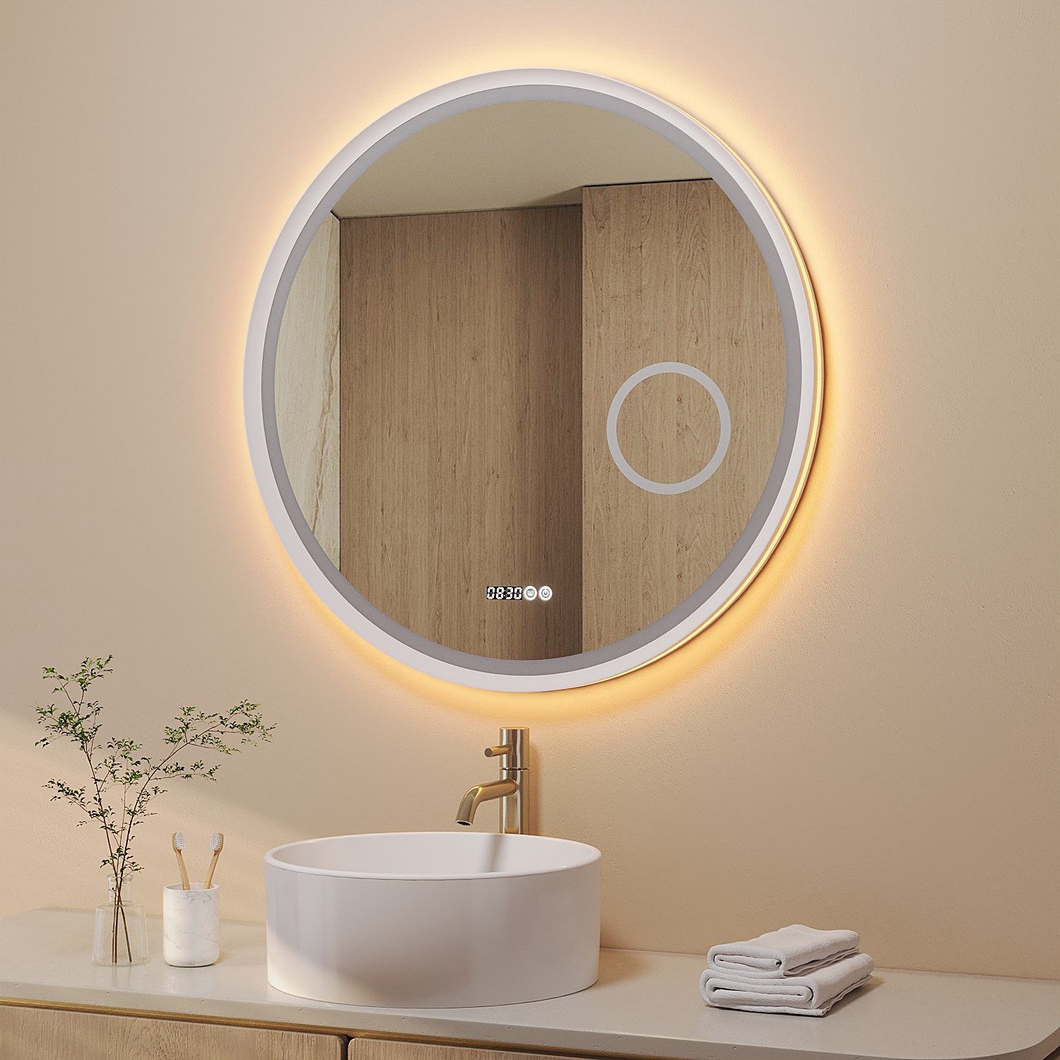 AQUABATOS Badspiegel Rund mit LED Beleuchtung 80 cm Wandspiegel dimmbar Badezimmerspiegel, 3-fach-Vergrößerung Kosmetikspiegel, Touch, Anti-Beschlag, Uhr, IP44 – Bild 3 von 5