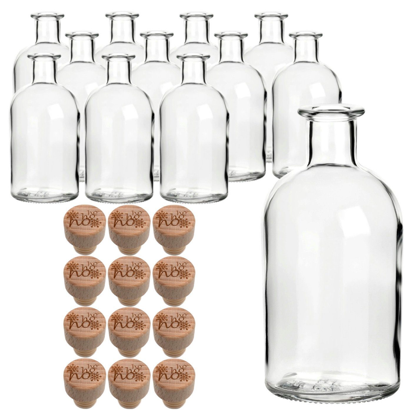 gouveo Trinkflasche 12x Glasflasche 250 ml Apotheker mit “Weihnachten” Holzgriffkorken, Ho Ho Ho - Korken