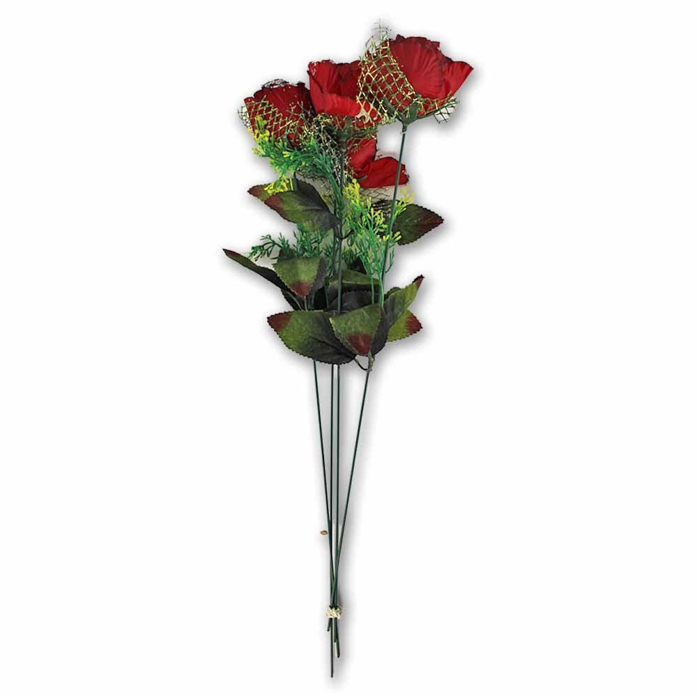 Kunstblume 4 Stück Rose Plastik dunkelrot mit Glitzer und Grünschmuck - ca. 51 cm, BEMIRO