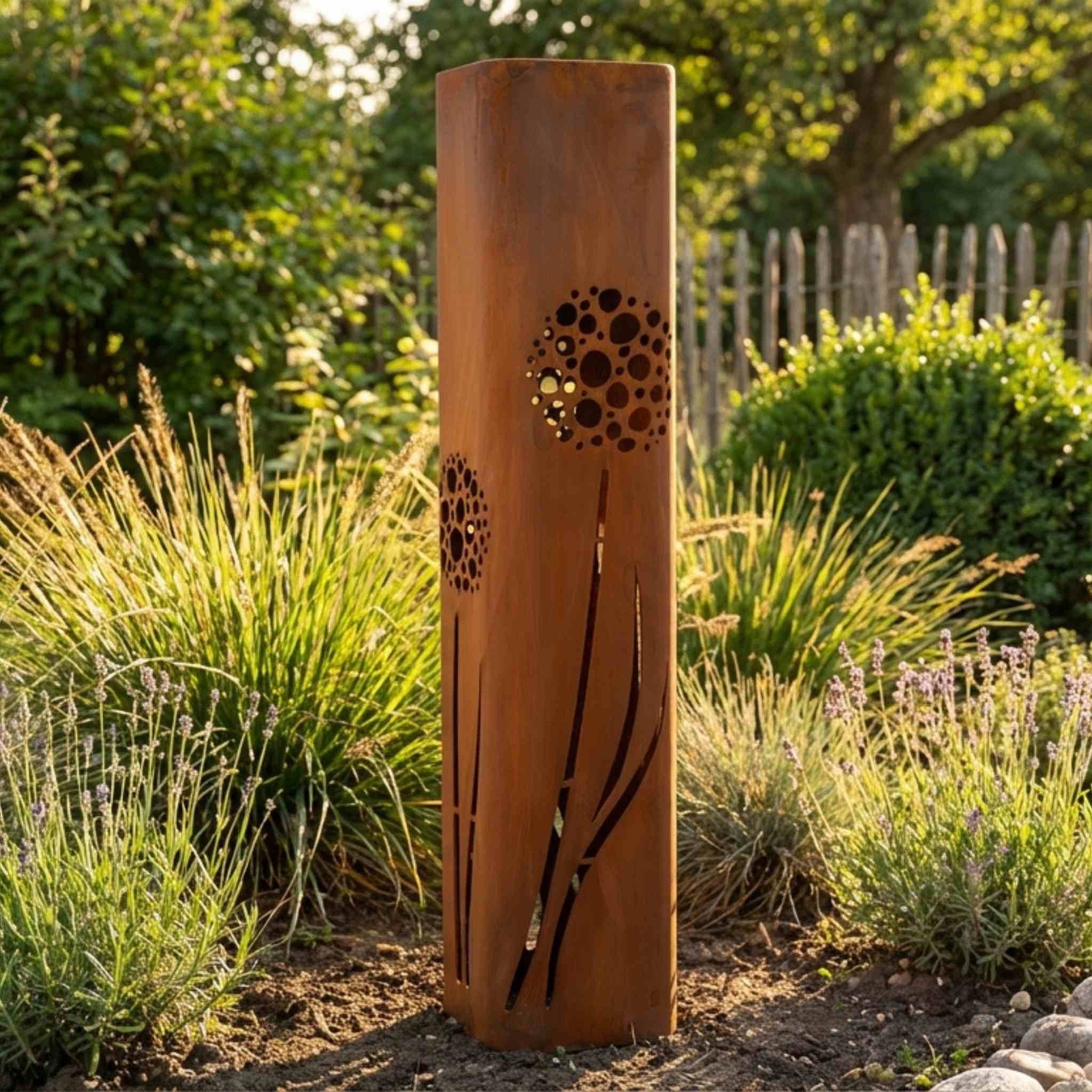 Rostikal Dekosäule Gartensäule Cortenstahl Edelrost Pusteblume 16x16x80 cm (Einzelstück, 1-teiliges Set, bestehend aus einer Dekosäule), Stimmungsvolle Gartendeko mit Löwenzahn-Motiv, Windlicht, Terrasse