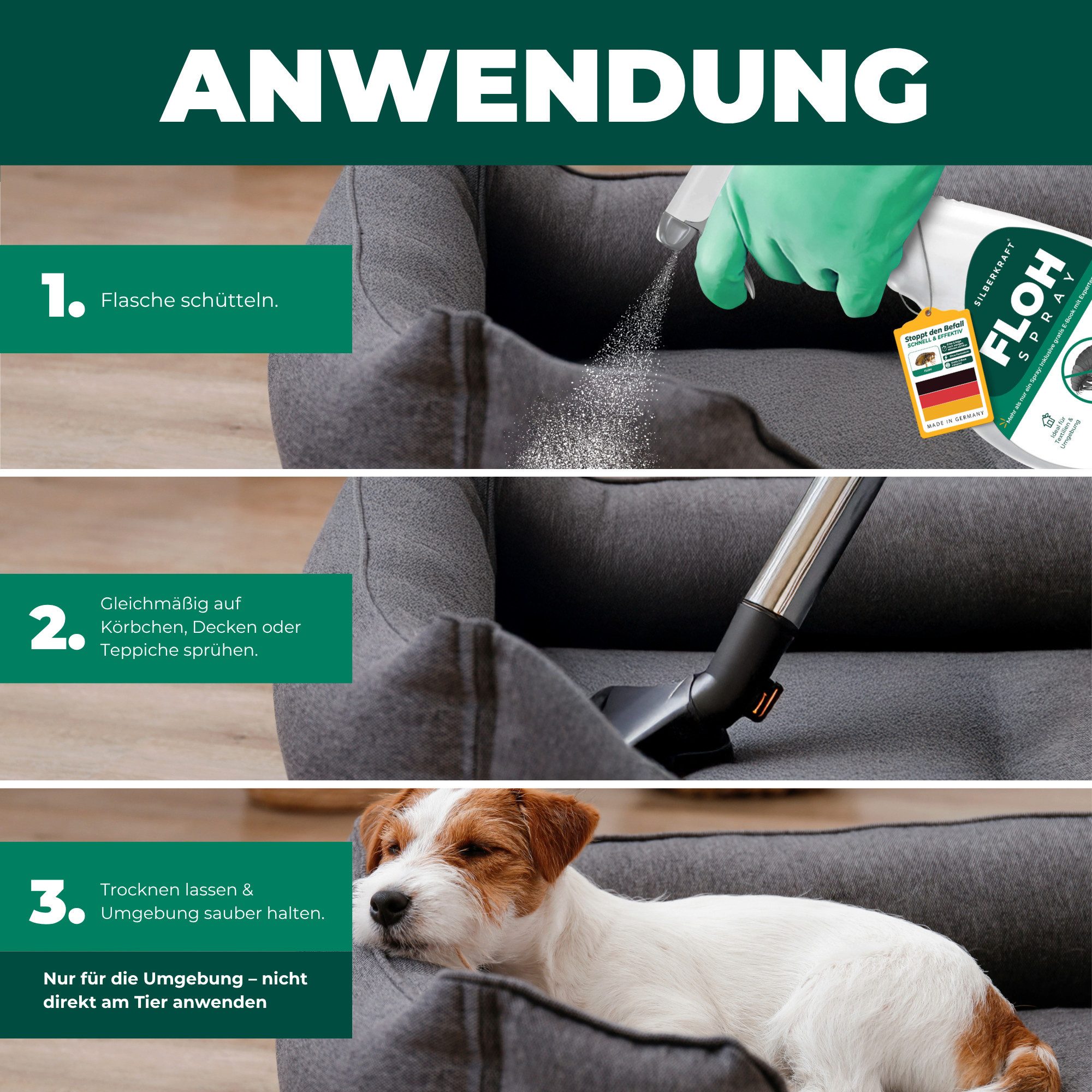 Silberkraft Insektenspray Flohspray Textil & Umgebung 500 ml inkl. E-Book, Als Umgebungsspray: gezielte Anwendung für eine flohfreie Umgebung, 1-St., Inklusive  – Bild 5 von 5