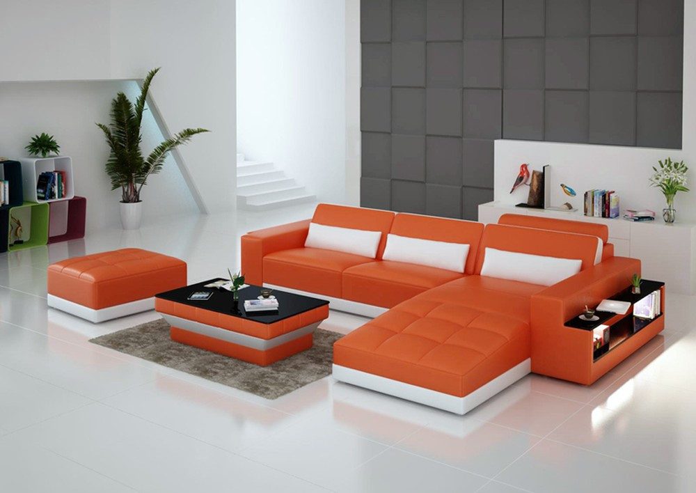 Ecksofa Eckcouch in Orange - Ledersofa Wohnlandschaft Garnitur