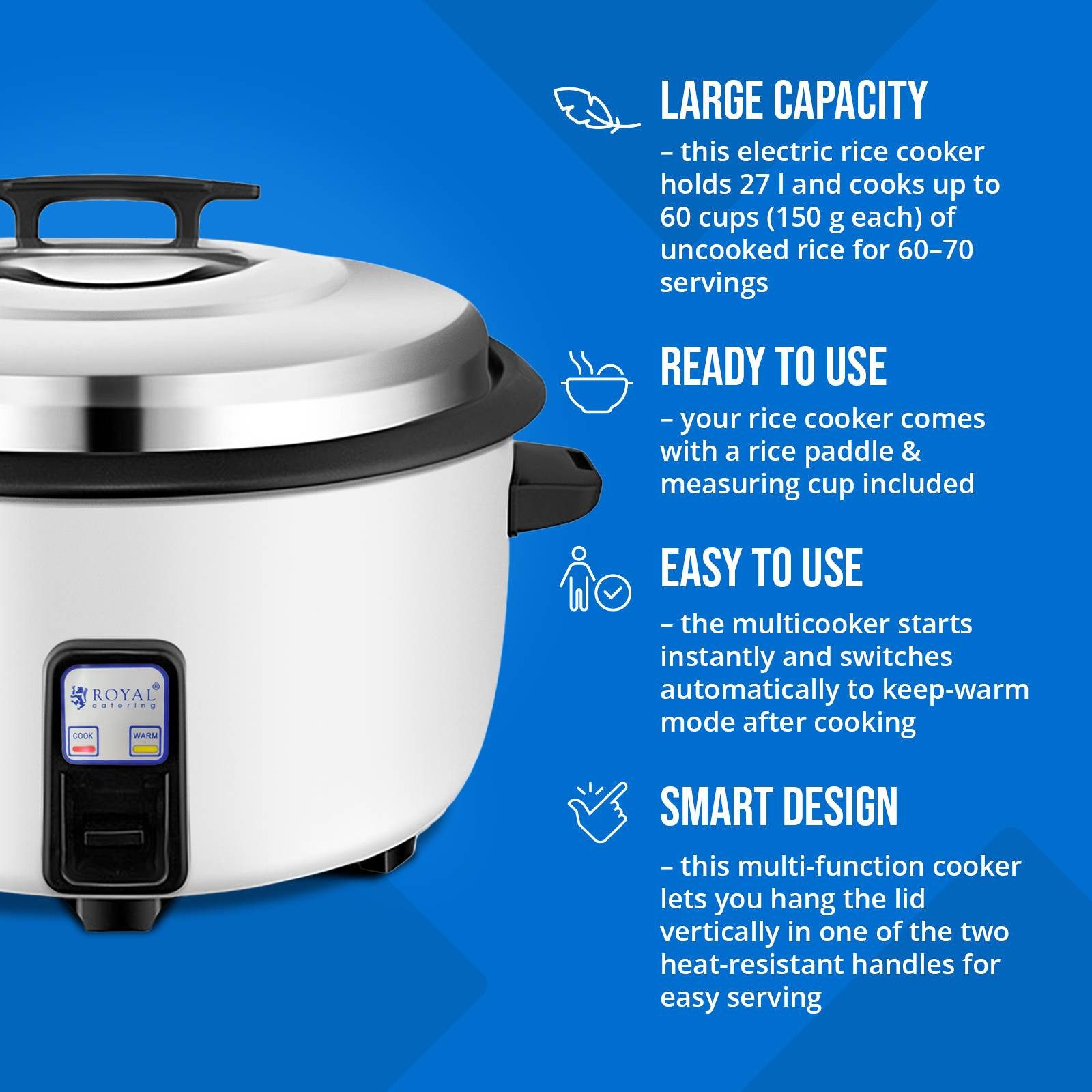 Royal Catering Reiskocher Elektrischer Reiskocher 27 L bis 70 Portionen 3600 W Warmhaltefunktion, 3600 W