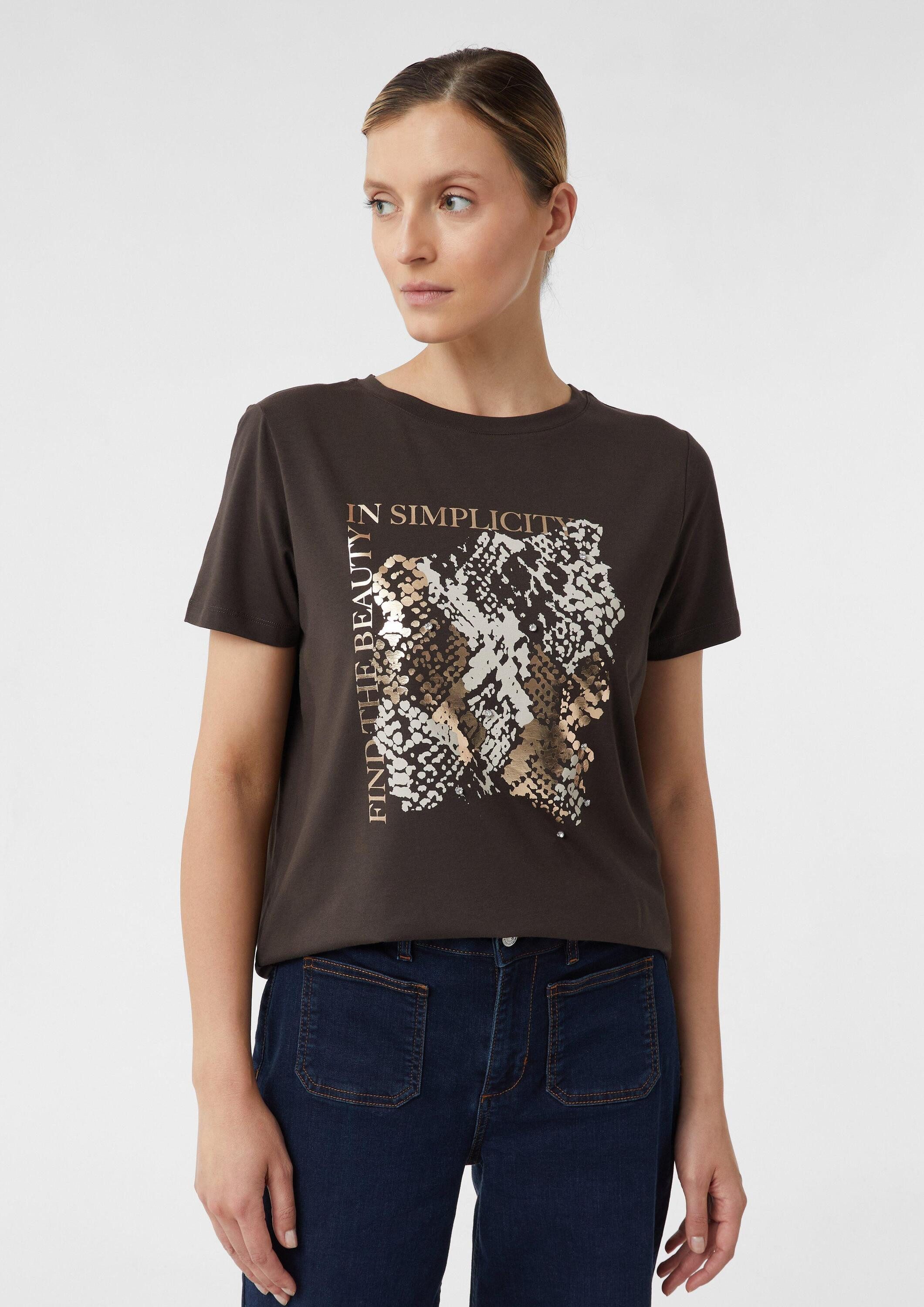 comma Kurzarmshirt T-Shirt T-Shirt mit Artwork und Schmucksteinen