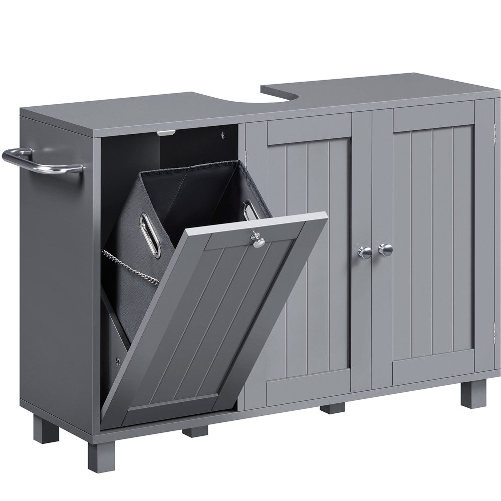 Yaheetech Waschbeckenunterschrank Badunterschrank mit 3 Türen und Verstellbarem Einlegeboden 90 cm L × 30 cm B × 62,5 cm H Unterschrank mit Integriertem Wäschekorb