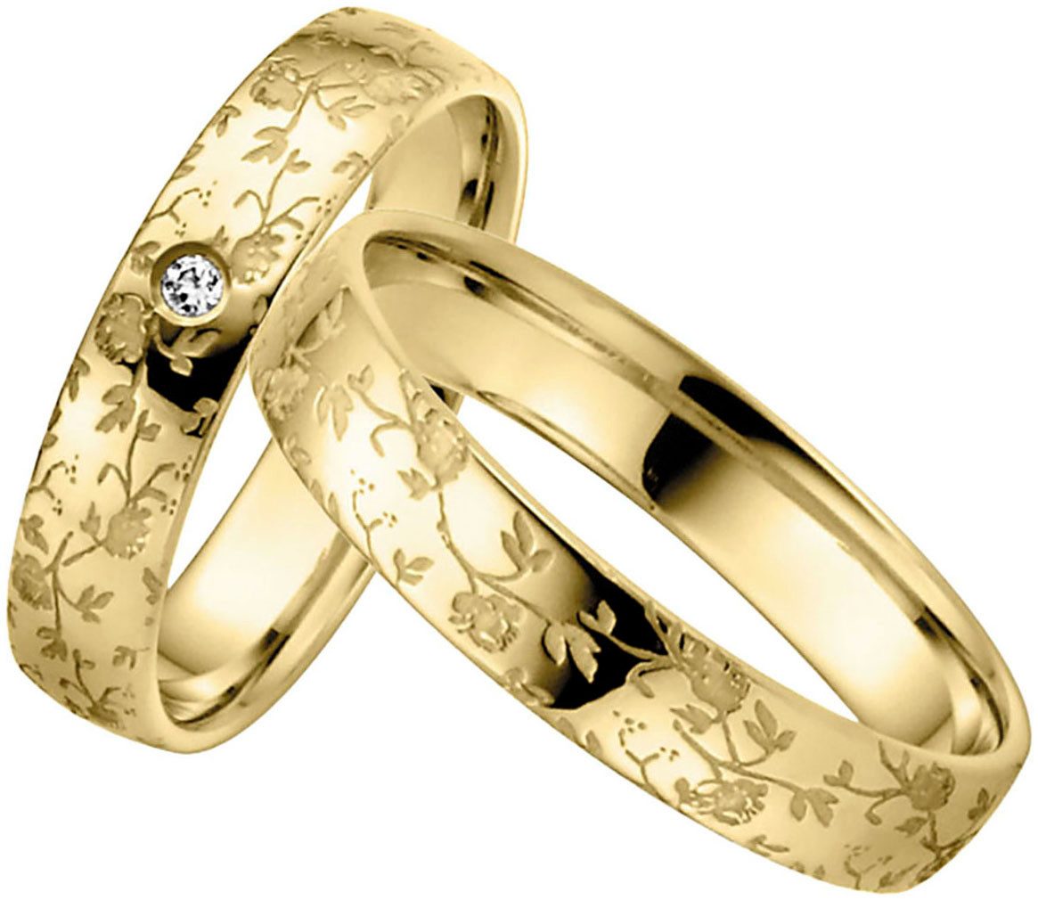 Firetti Trauring Schmuck Geschenk Gold 375 Hochzeit Ehering LIEBE Zweig Blätter Blumen, Made in Germany - wahlweise mit oder ohne Brillant