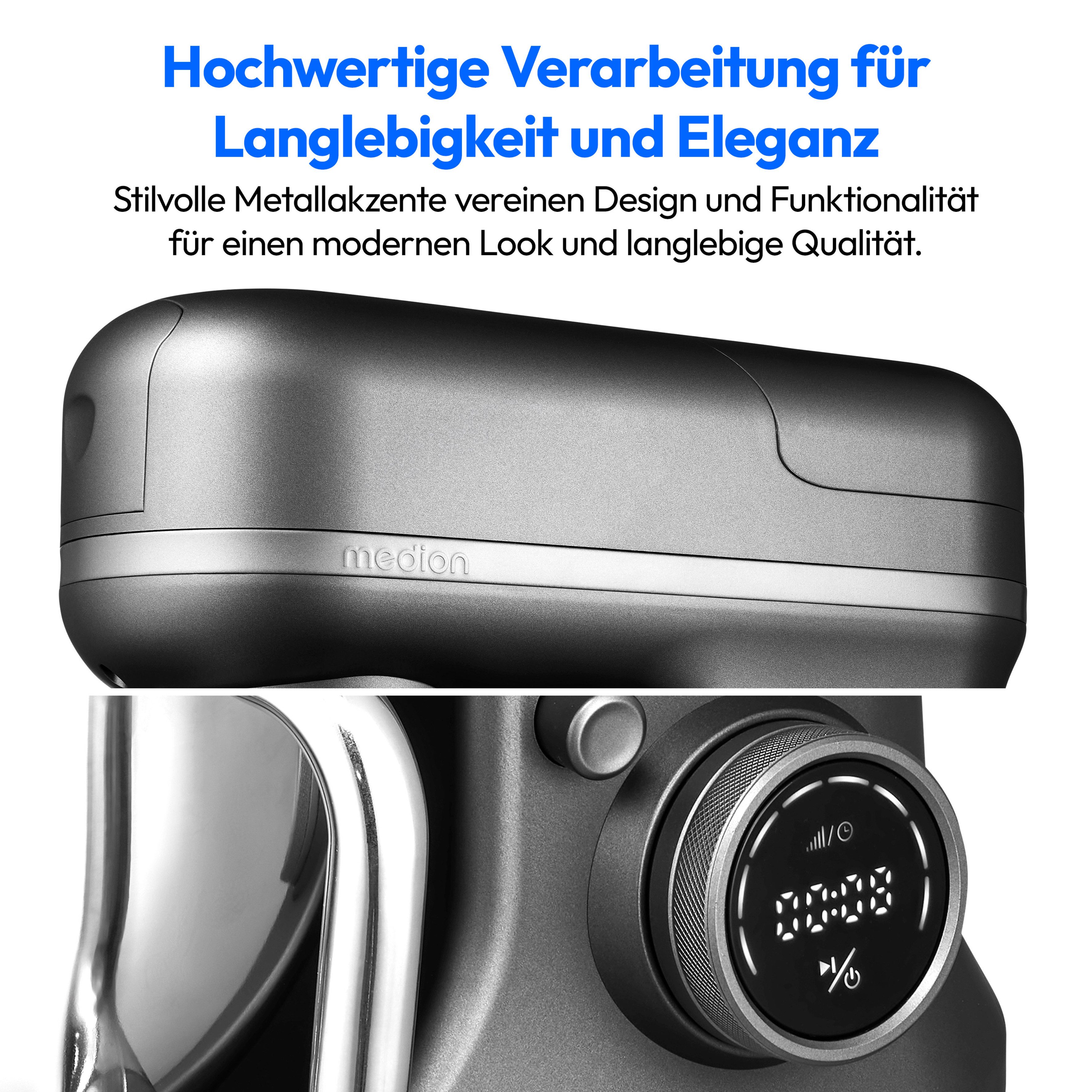 Medion® Küchenmaschine MD 18442 8 Geschwindigkeitsstufen, titan, 1200 W, 5 l Schüssel, Umfangreiches Zubehör-Set inkl. Eisschüssel für Speiseeiszubereitung – Bild 5 von 5