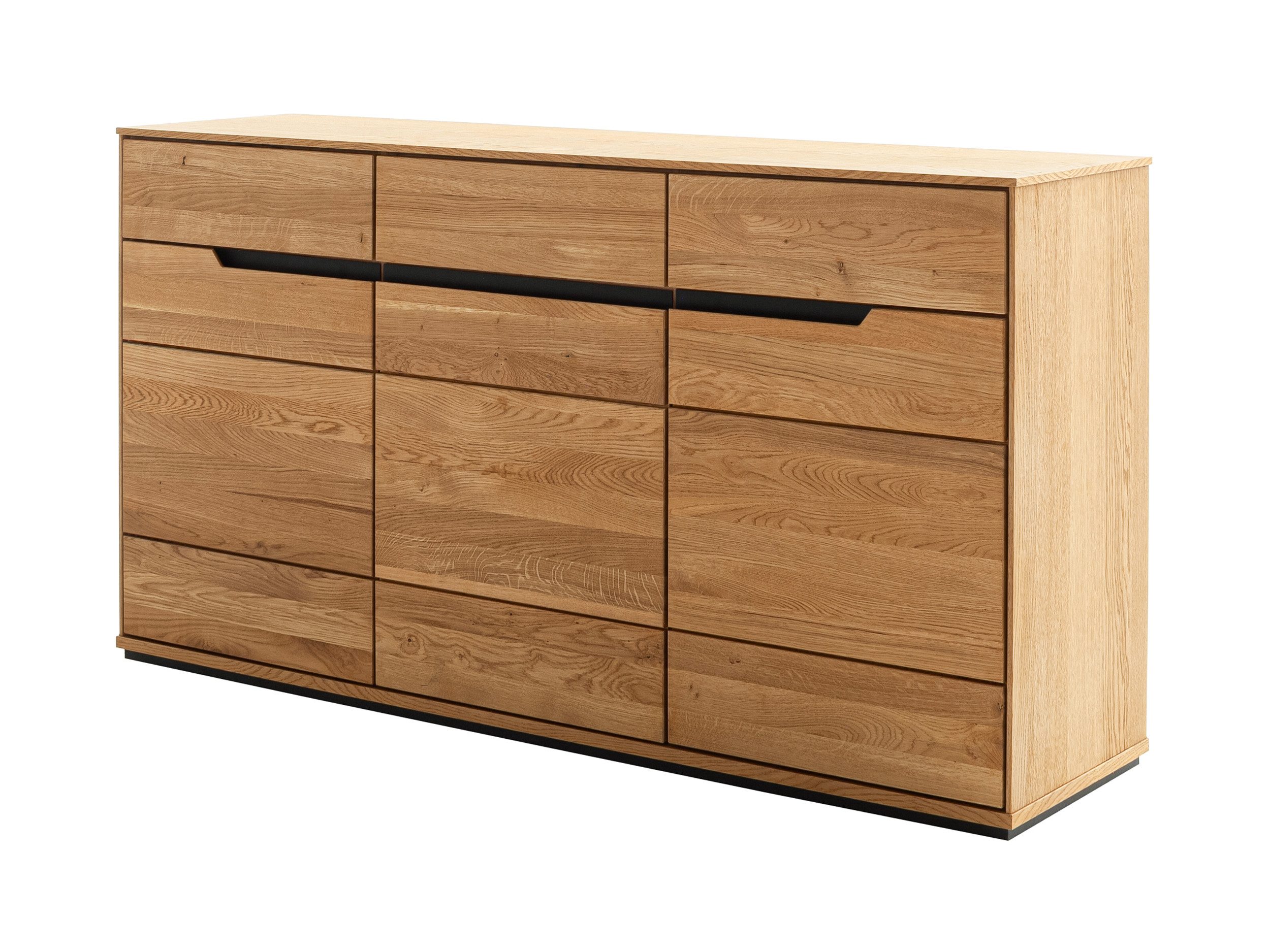 Massivart® Sideboard 153 cm Breite Massivholz Wildeiche geölt »ARAYA«, 3 Schubladen · 3 Drehtüren · 3 Einlegeböden · schwarze Griffmulden