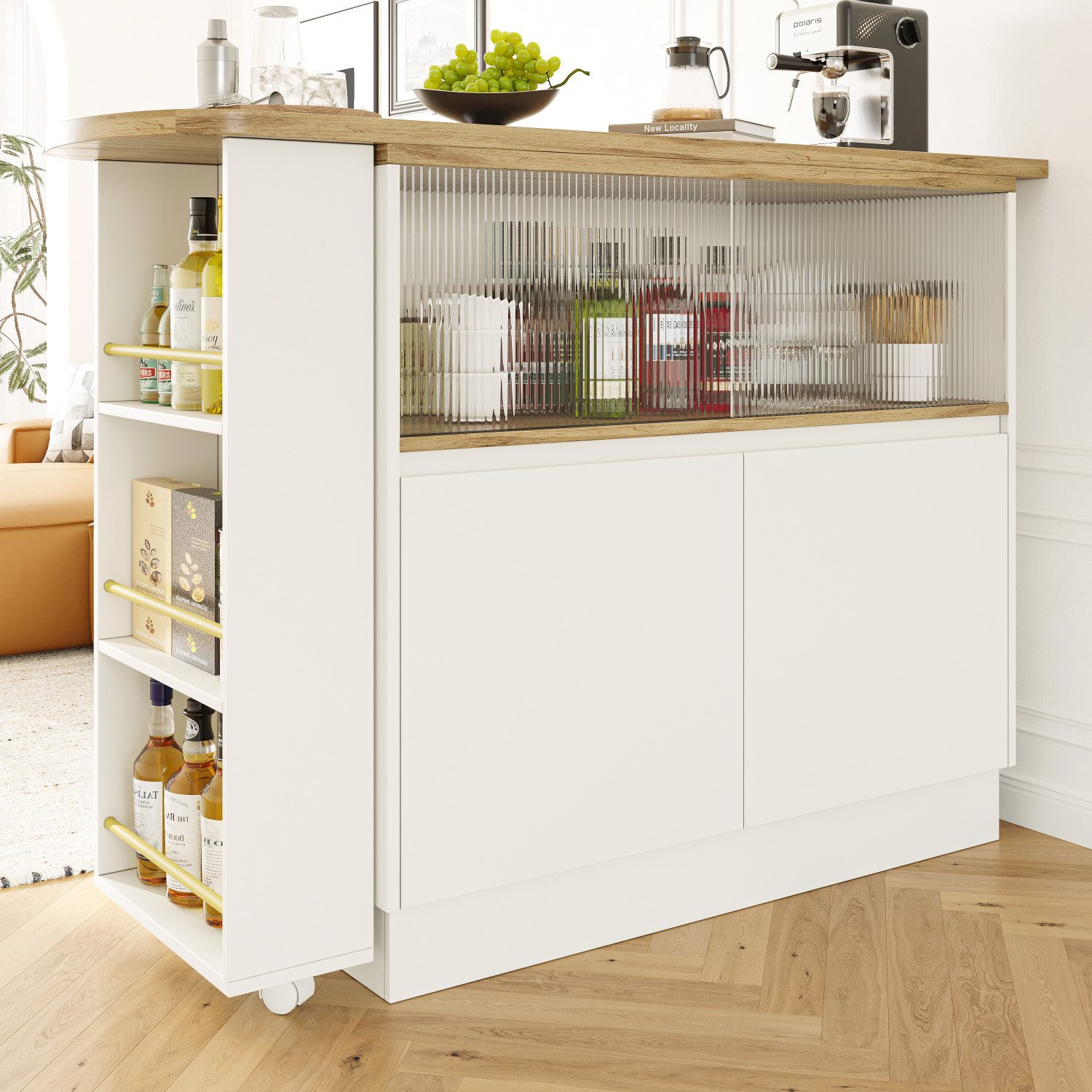 Flieks Bartisch 360° drehbar Stehtisch mit Sideboard (Set, 1-St., mit Rollen und Ablage), ausziehbar Esstisch mit 4 Türen Kommode Bistrotisch