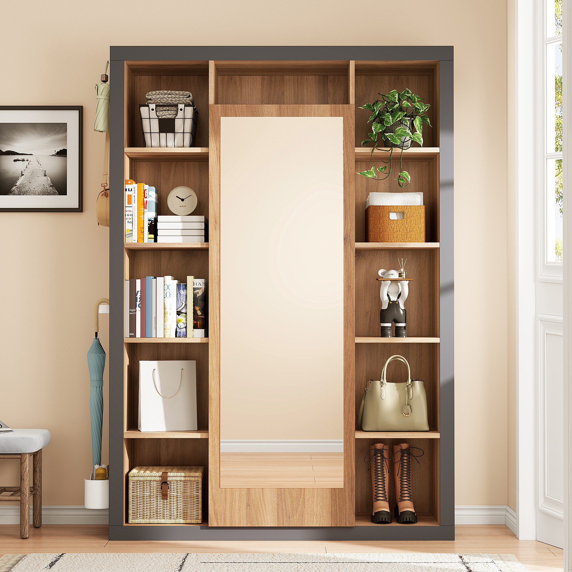 Merax Garderobenschrank mit Spiegel und Bücherregal günstig online kaufen