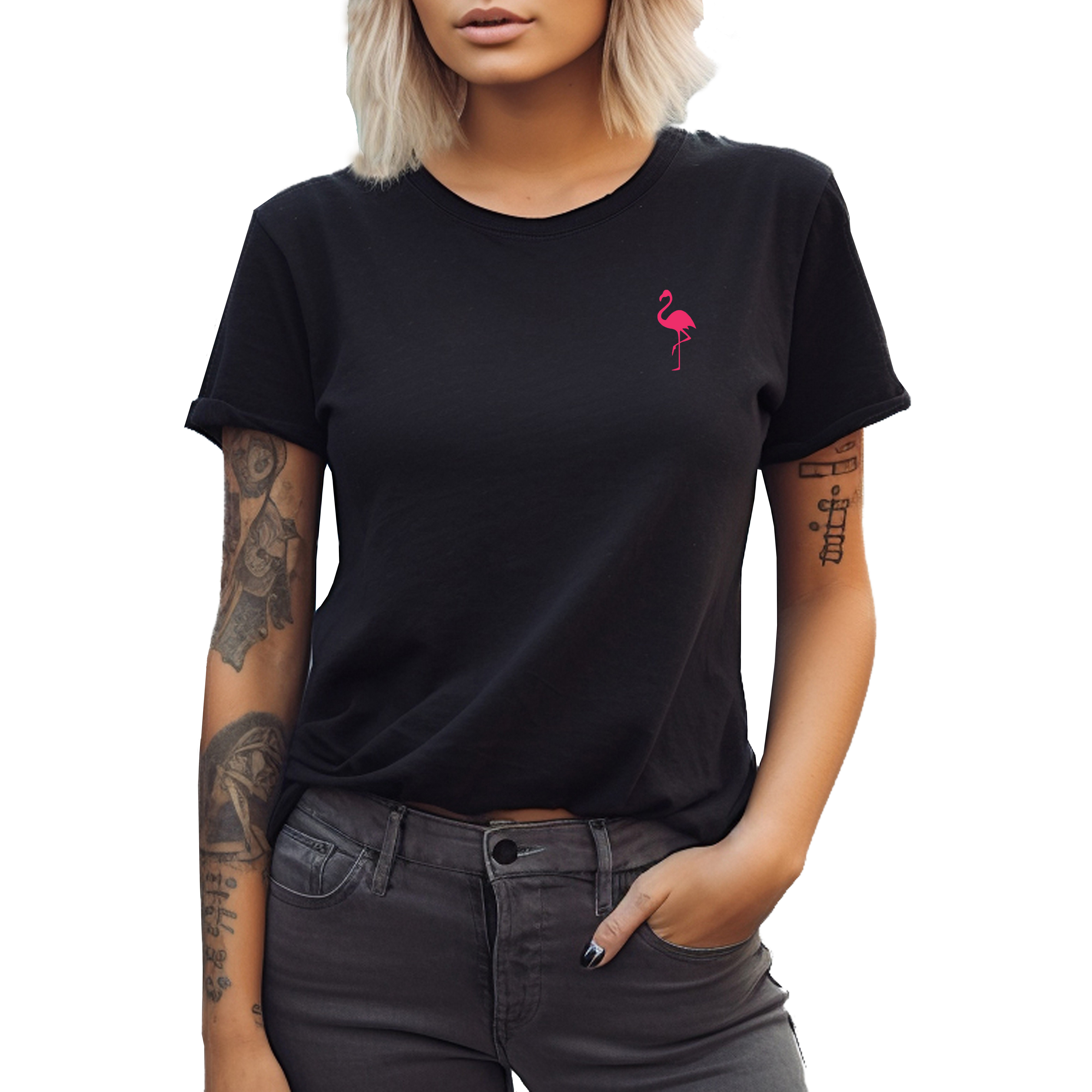 Banco T-Shirt Damen Sommer Flamingo Unifarben Rundhalsausschnitt Rundhalsau günstig online kaufen
