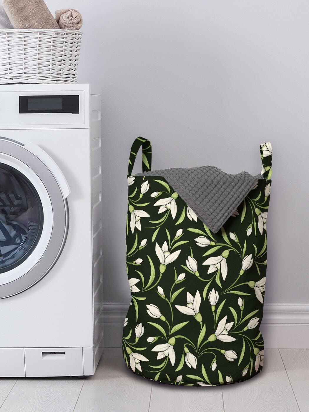 Abakuhaus Wäschesäckchen Wäschekorb mit für Garten-Kunst Waschsalons, Kordelzugverschluss Schneeglöckchen Griffen Blumen-Muster