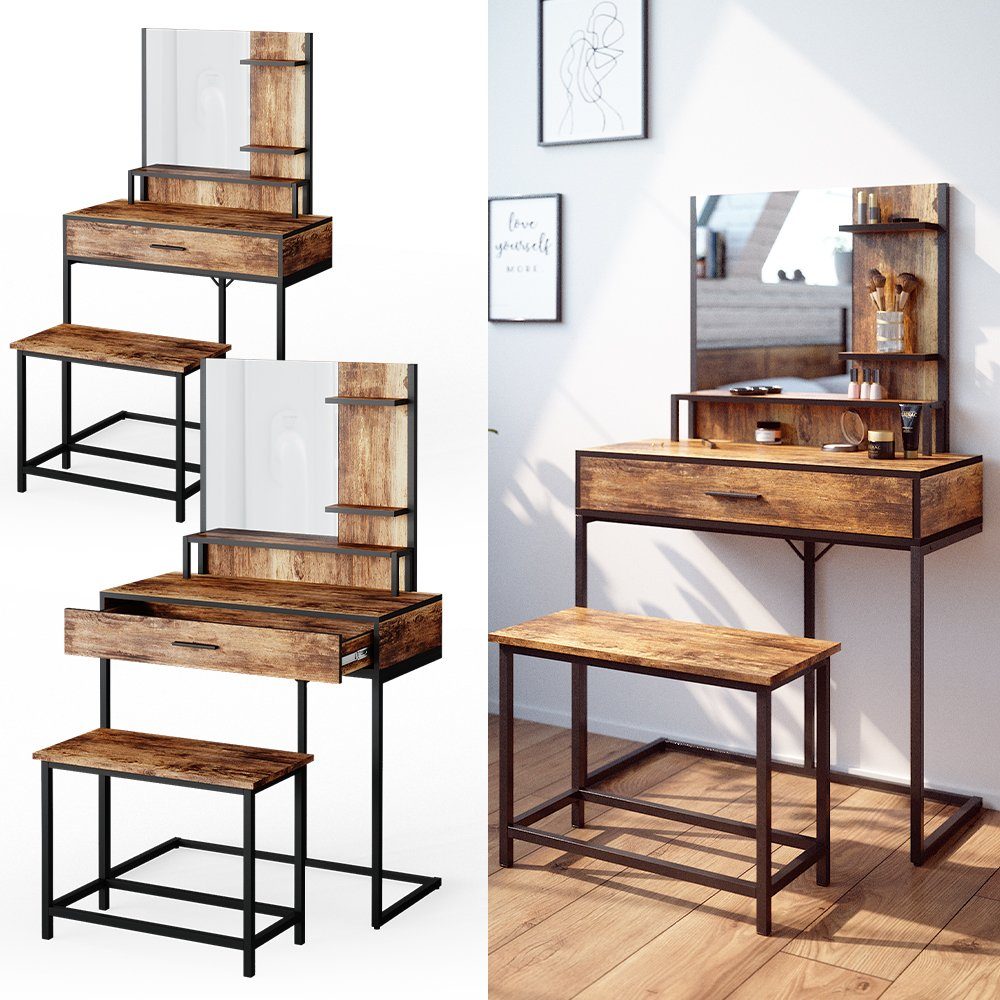 Vicco Schminktisch Fyrk, Eiche rustikal/Schwarz, 80 cm mit Stuhl günstig online kaufen