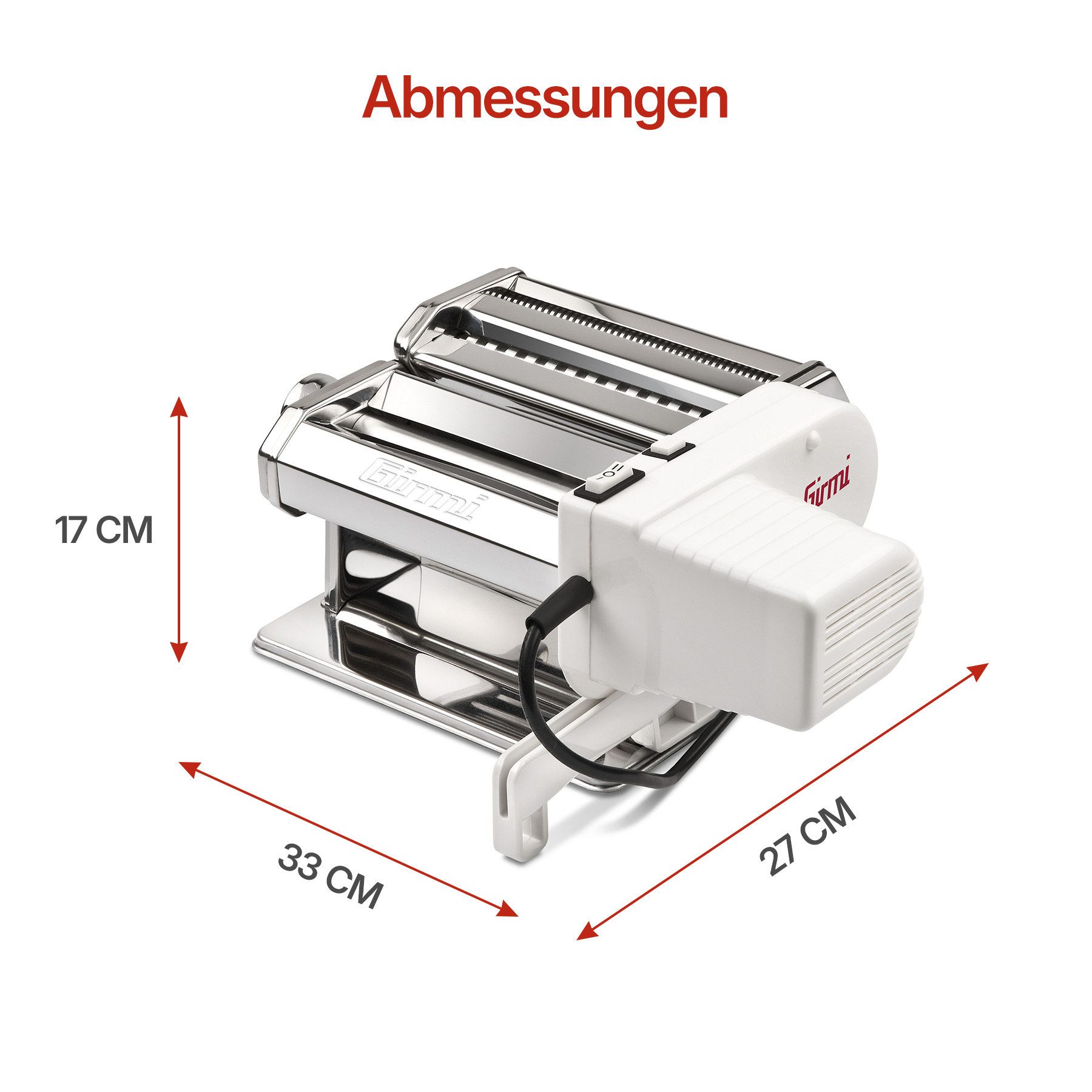 Girmi Nudelmaschine IM9100 Pastamaschine IM91, Elektrisch & Handkurbel, 90 W, Motor abnehmbar, 5 Pastaformen, 9 Teigstärken, 2 Stufen, Pulse