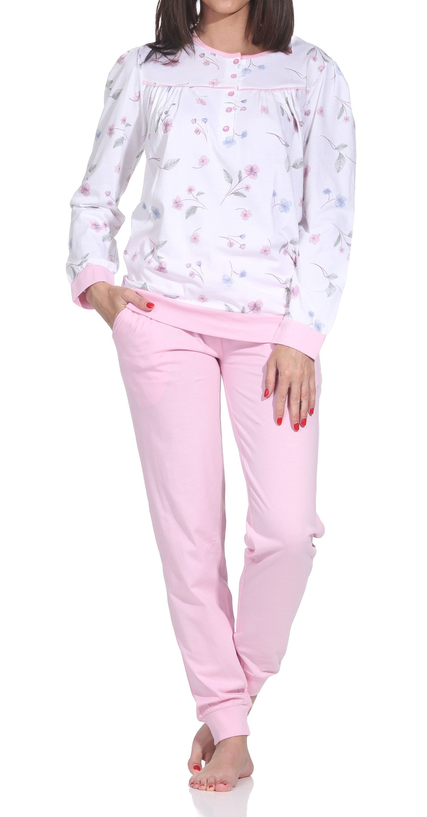Normann Pyjama Damen fraulicher Langarm Schlafanzug mit Bündchen im klassischen Look – Bild 2 von 5