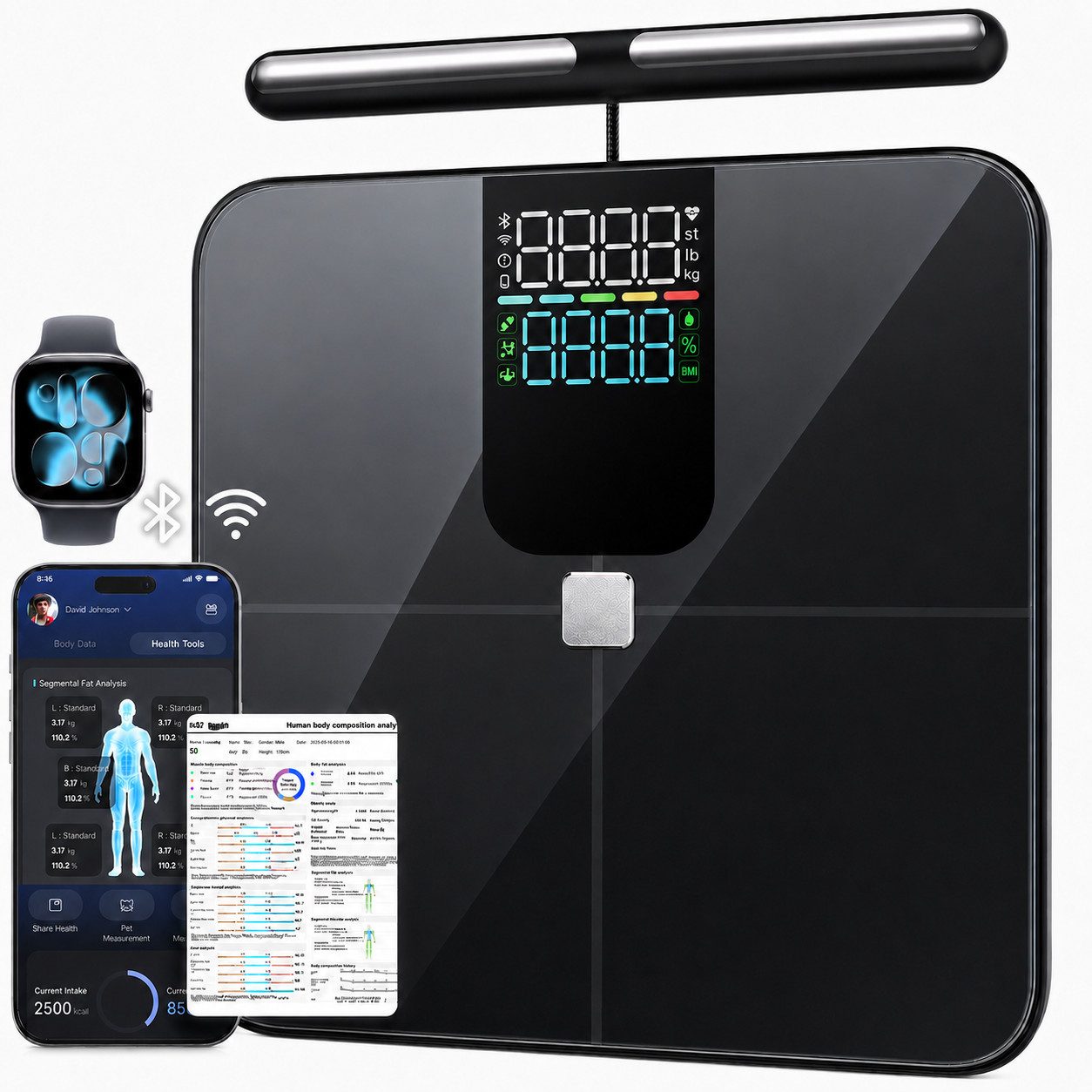 Vornix Körper-Analyse-Waage smarte Körperfettwaage mit 8 Elektroden,WLAN & Bluetooth, 28 Körperwerte, A&P Health App, Segmentanalyse, smarte Waage Ganzkörperanalyse Körperanalysewaage, Körperzusammensetzung automatische Datensynchronisierung