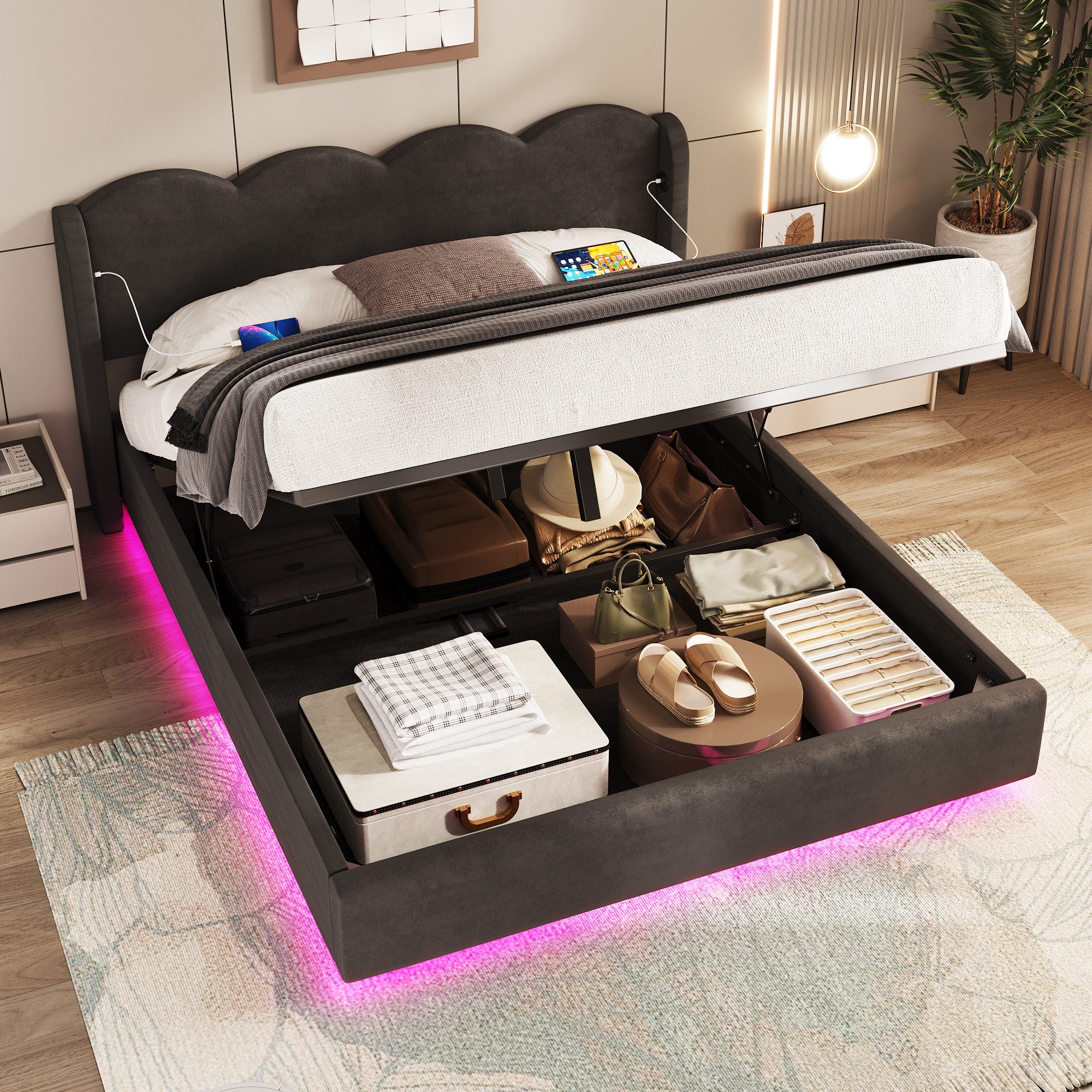 LVHOM Boxbett 140x200cm/160x200cm mit Bettkasten, Wellenförmig, Polsterbett/Doppelbett (boxspringbett 160x200 mit led, 12-farbiger LED-Beleuchtung (einstellbare Helligkeit), USB- & USB-C-Ladeanschlüssen, Fühlbar angenehm, Weicher, hautfreundlicher Samtstoff, Integriertes Hydrauliksystem, Platzsparend, Gepolsterter Bettrahmen mit Wellen-Kopfteil, Robuster Metallstruktur), Luxuriöser Samtstoff Bettgestell, für Schlaf-/Jugendzimmer, Apartments