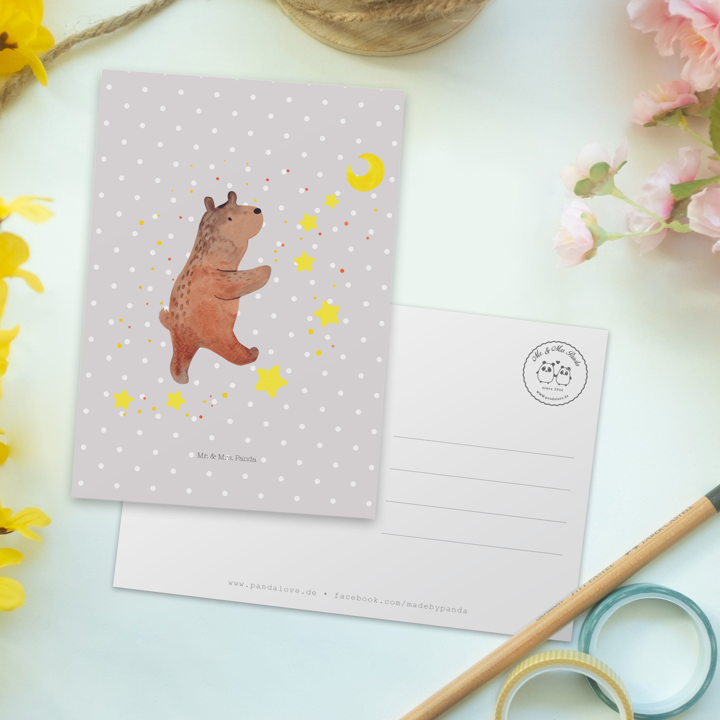 Panda Postkarte Traum, Geschenk, Pastell Bär Mr. Geschenkkarte - Mrs. - & Teddybär, Träume Grau