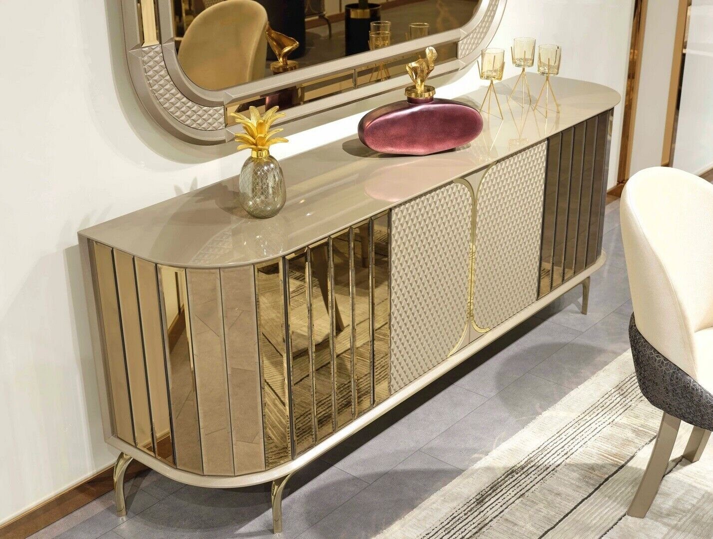 Designer Gold Design Holz Möbel, Sideboard JVmoebel Made Sideboard Europa Beige in Anrichte Spiegel