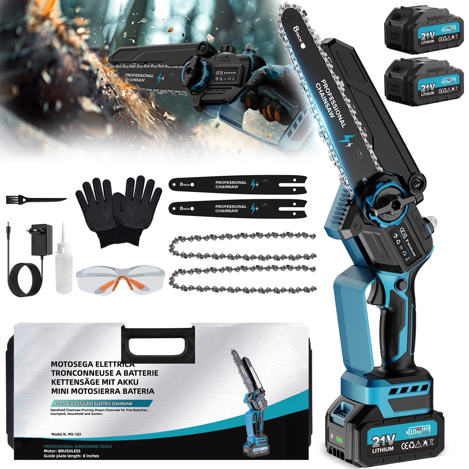 Rinoxar Akku-Kettensäge 6''/8''/12'' Elektro-Kettensäge, 1300W Bürstenloser Handkettensäge, 2*4000mAh Akku, Bürstenlosem Motor, für Gartenarbeit, Holzschneidenz