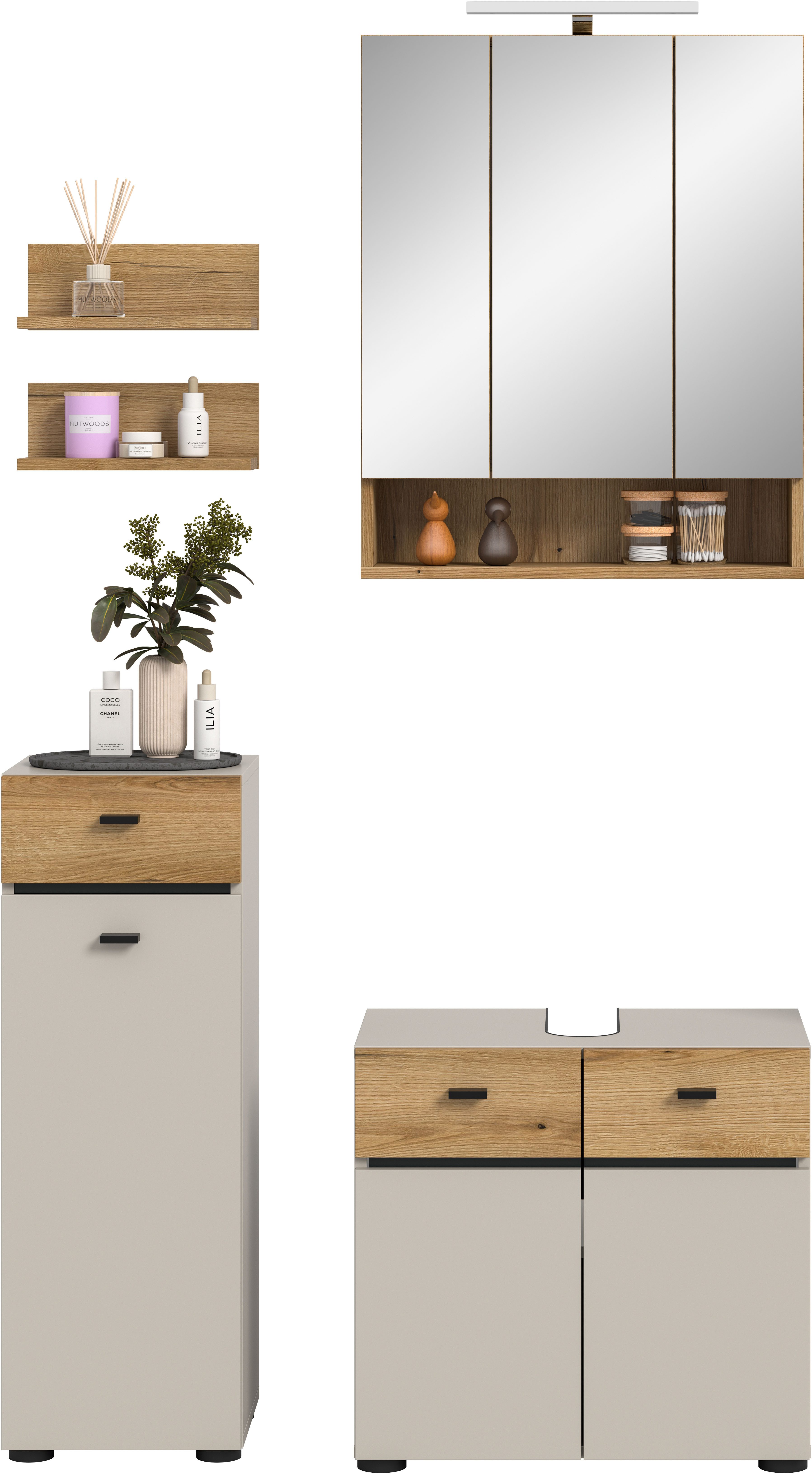 welltime Badmöbel-Set VANN, 5-teilige moderne Badkombination, inkl. Beleuchtung, (5-St., Midischrank, 2er Set Wandregal, Waschbeckenunterschrank,Spiegelschrank), Bad-Kombination, Bad-Möbel, Badezimmer, Kombination, Kombi, Bad-Set