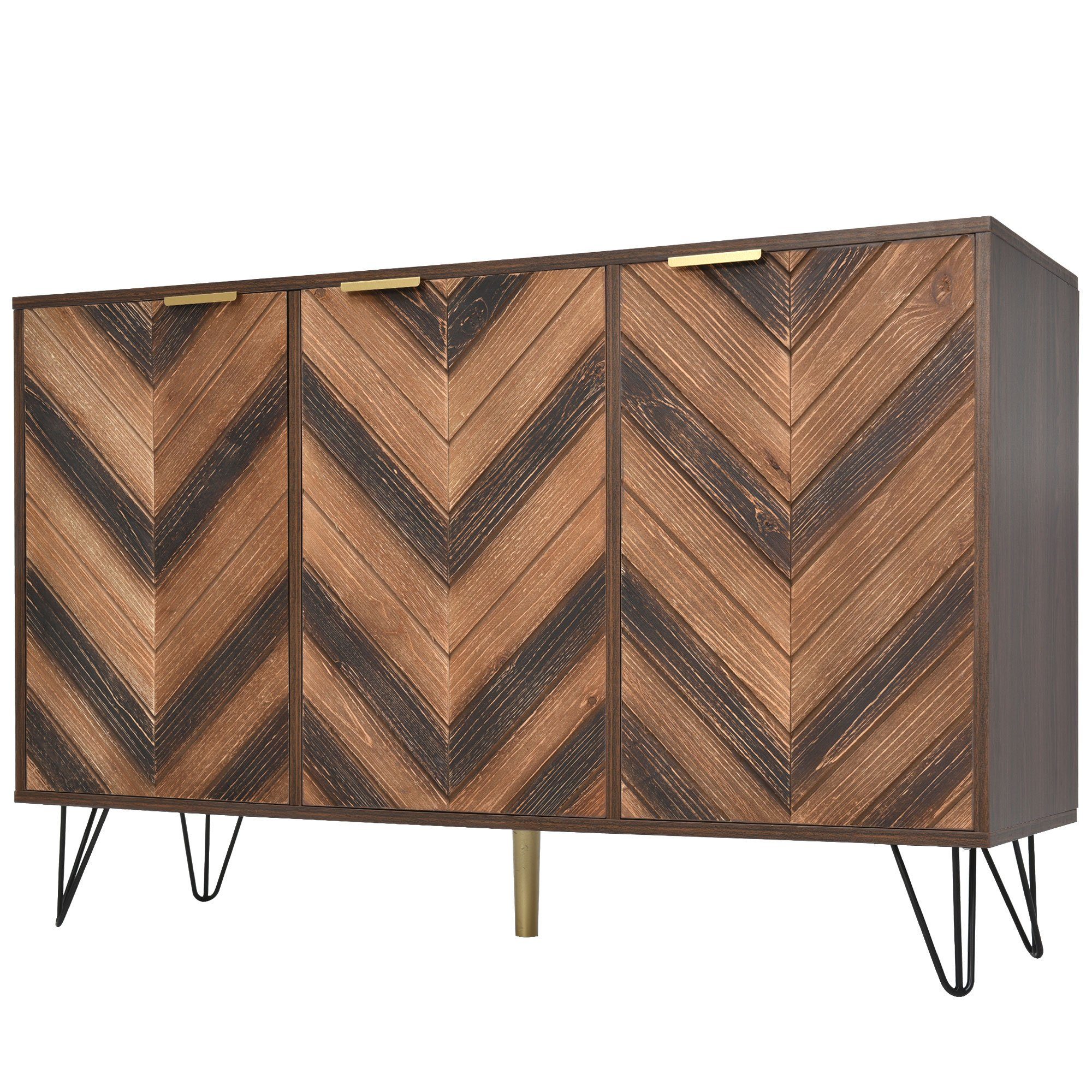 Sideboard (Kommode mit 3 Türen und goldenen Metallgriffe), Fischgrätenmuster Design, Highboard Holz, Breite 120 cm