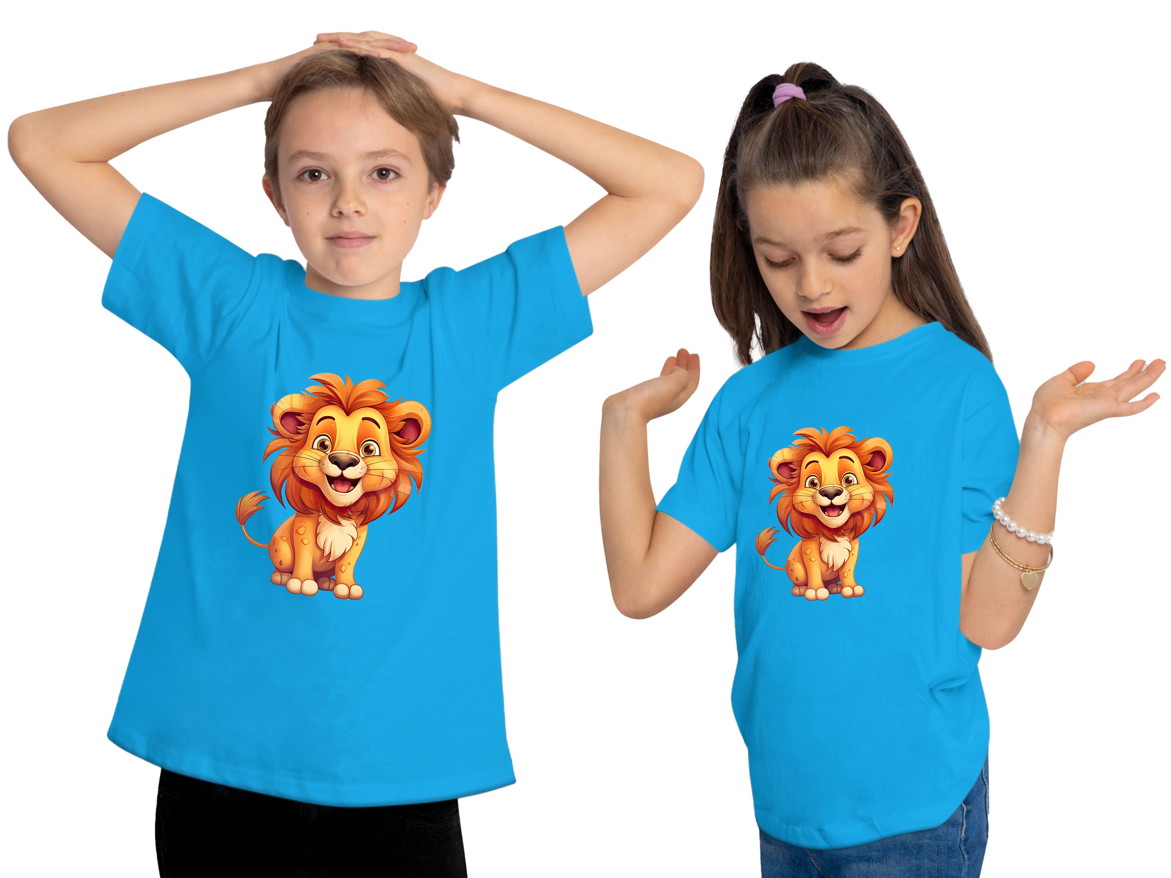 MyDesign24 T-Shirt Kinder Baby Baumwollshirt Shirt blau Löwe - i275 Aufdruck, Wildtier mit aqua bedruckt Print
