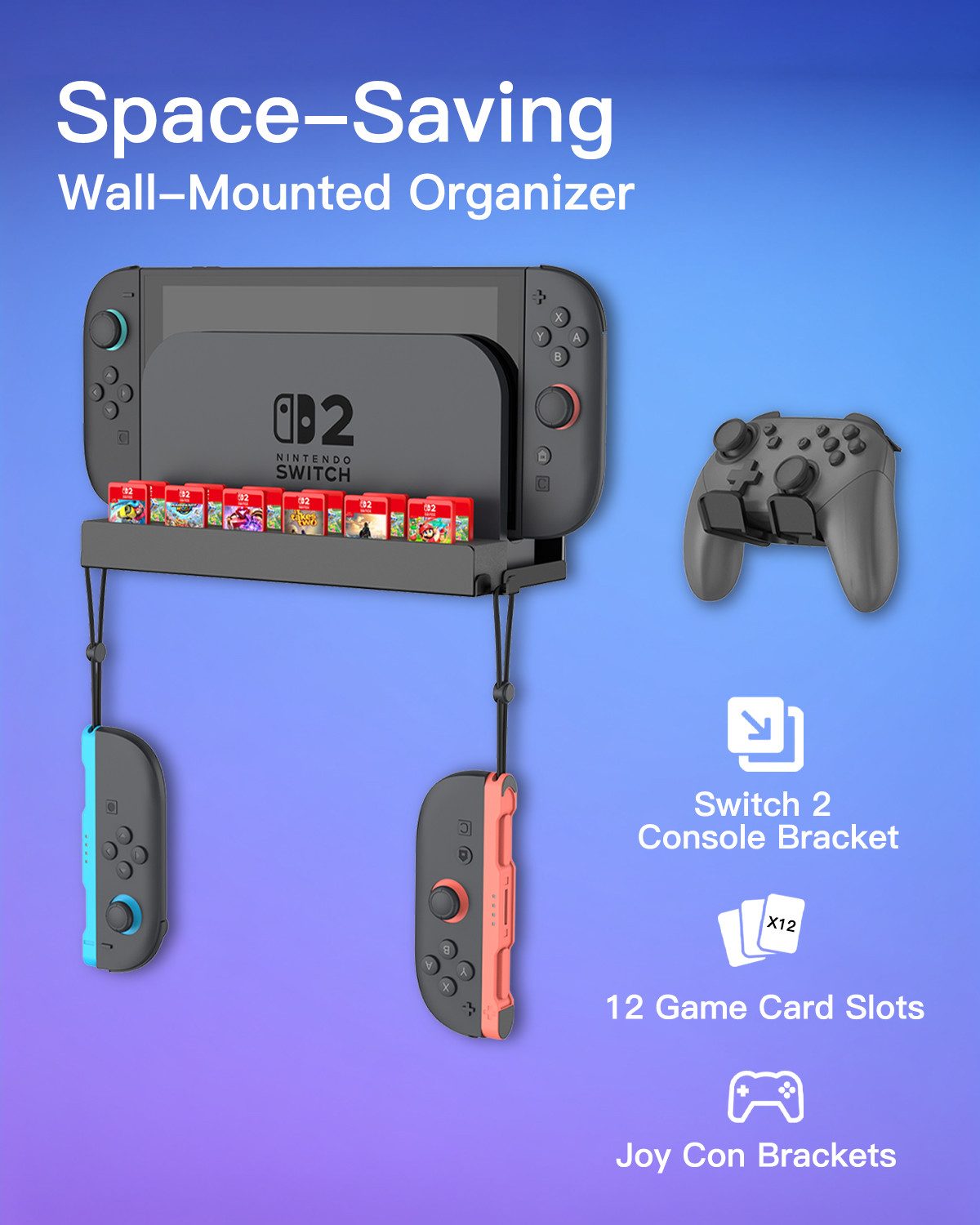 Fintie Wandhalterung für Nintendo Switch 2, Metall-Wandhalterungsset Zubehör Nintendo (mit 1 Controller-Halter, 12 Spielkartenhaltern, Konsolen-Organizer) – Bild 3 von 5