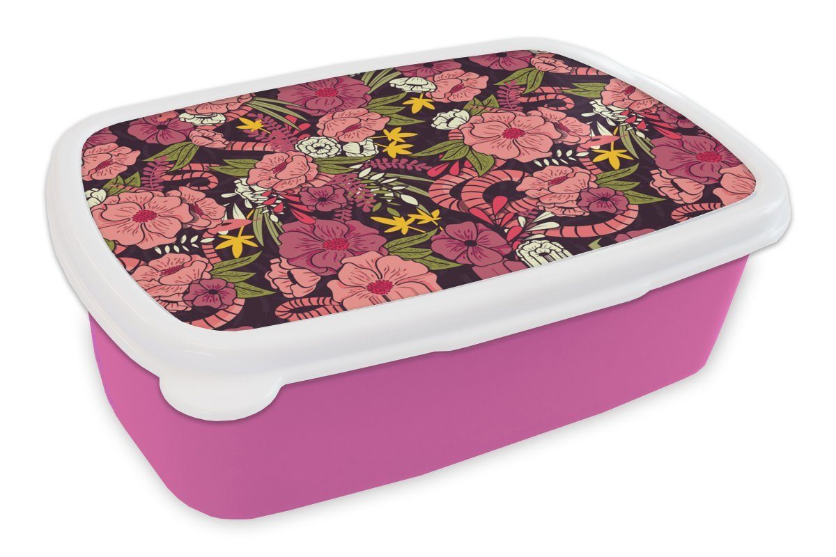 MuchoWow Lunchbox Dschungel - Blumen - Muster, Kunststoff, (2-tlg), Brotbox für Erwachsene, Brotdose Kinder, Snackbox, Mädchen, Kunststoff rosa