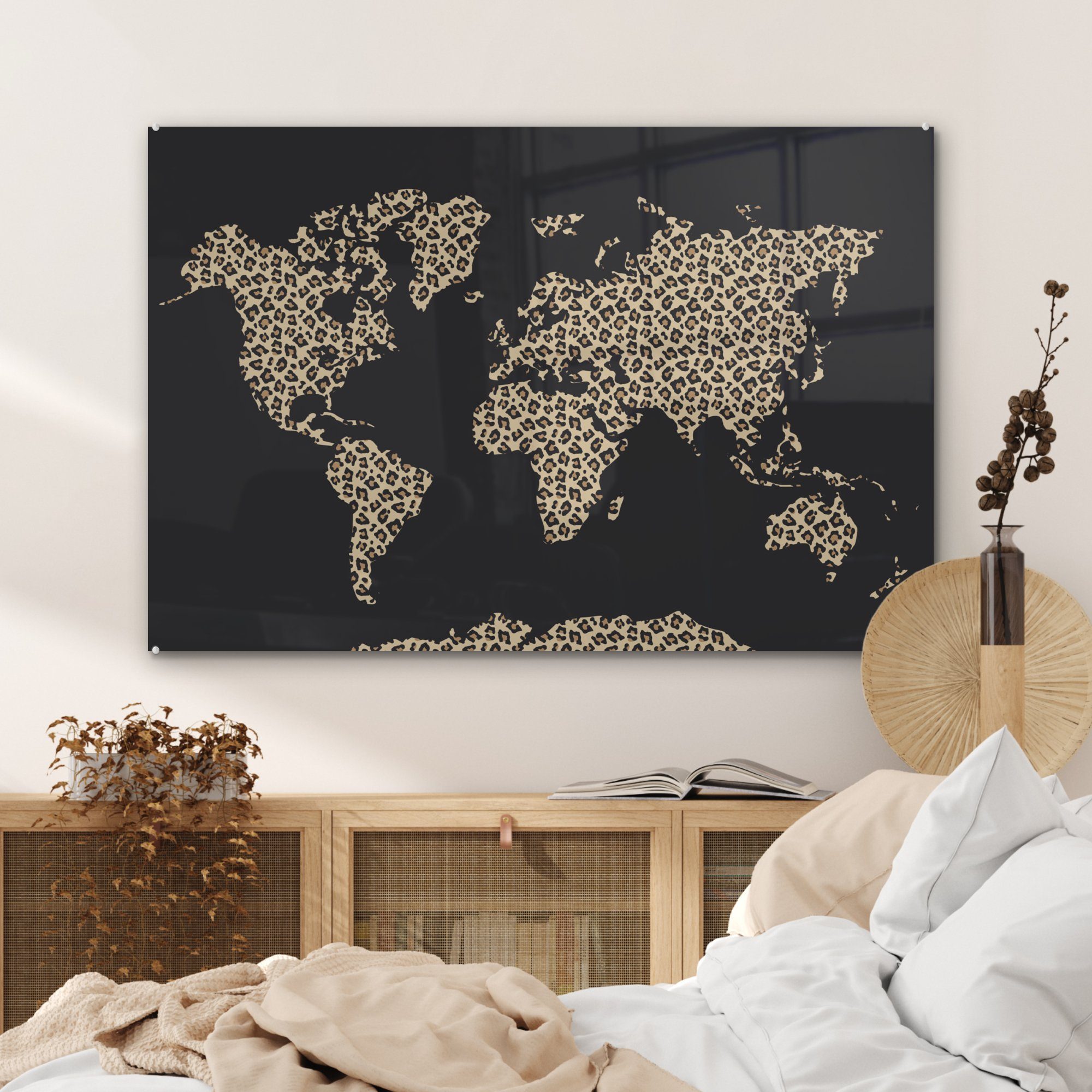 & MuchoWow Acrylglasbilder St), - Wohnzimmer Leopard, Weltkarte - Schlafzimmer (1 Acrylglasbild Tiermotiv