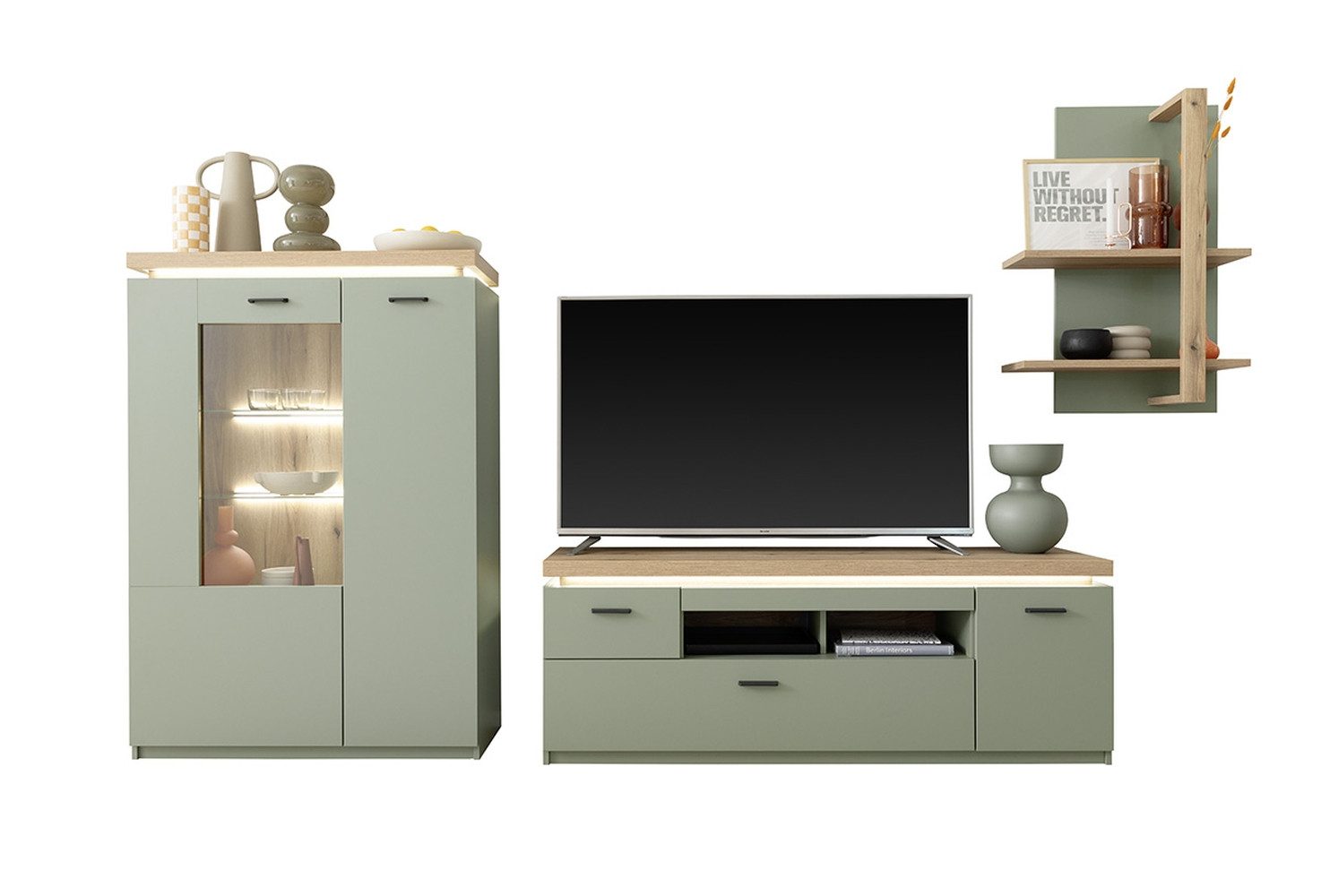 freiraum Wohnwand MONIZ, (3-teilig) mit LED, Salbei grün/Eiche Evoke Dekor - 324x198x44 (BxHxT)