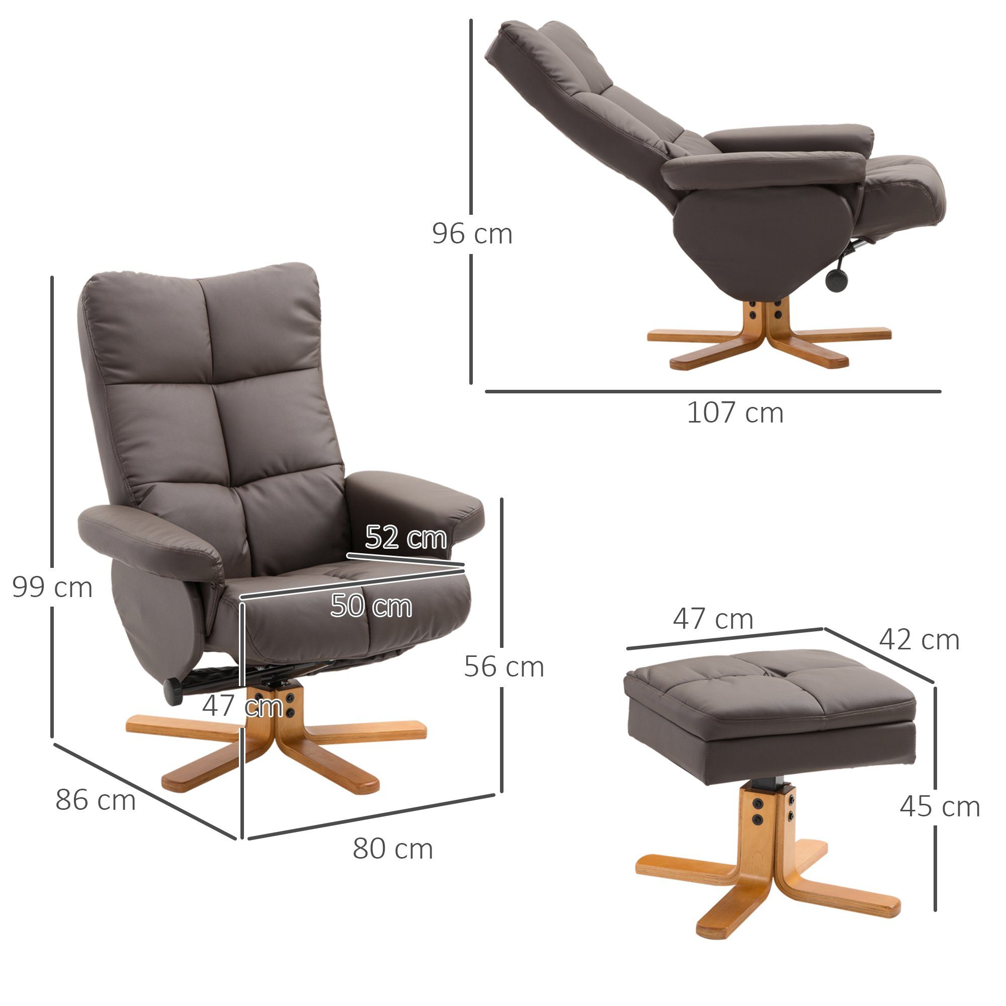 HOMCOM Polsterstuhl Lesesessel Fernsehsessel mit Hocker, Liegefunktion für Wohnzimmer (Relaxsessel, 2 St), für Wohnzimmer, Braun