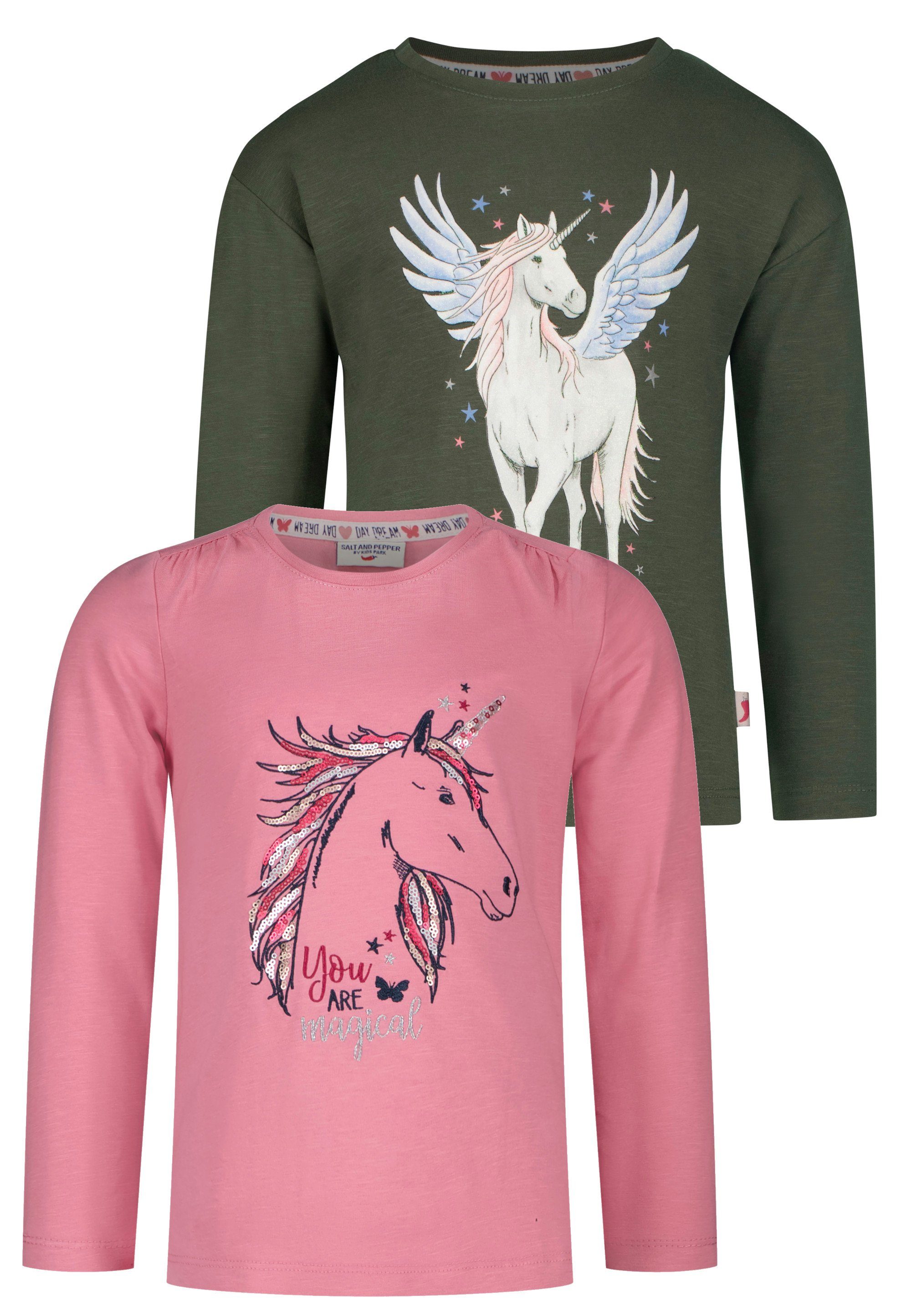 Unicorns Einhorn-Motiven AND Langarmshirt (2-tlg) PEPPER SALT mit trendigen