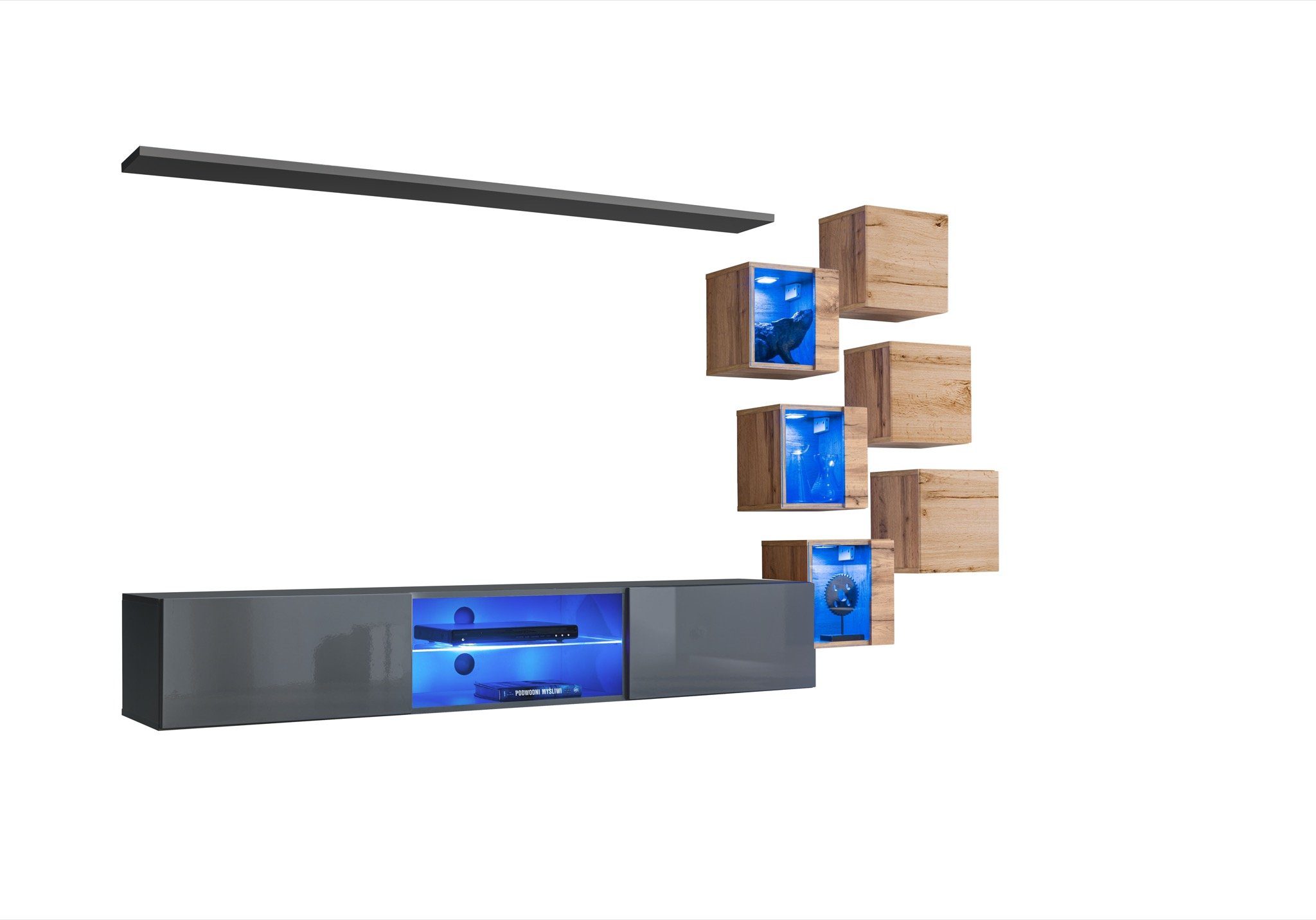Wandschrank 8tlg Einrichtung LED TV Wandschrank (8-St., 6x Wohnwand Wohnwand Holzmöbel Neu, Wandregal), Grau + Designer + beleuchtet JVmoebel Ständer