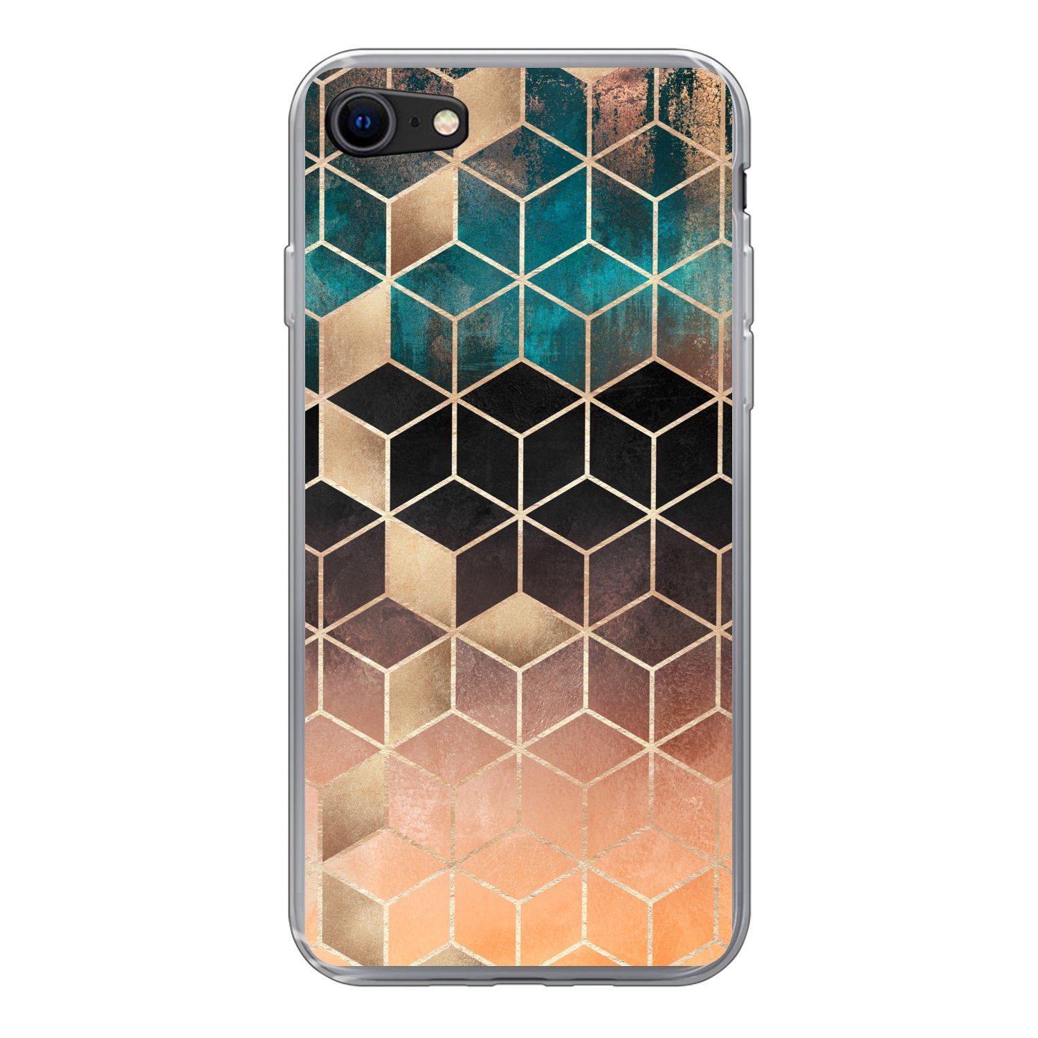 MuchoWow Handyhülle für Apple iPhone 7 Abstrakt - Würfel - Gold - Muster - Luxus, Smartphone-Bumper, Print, Handy Schutzhülle Dünn