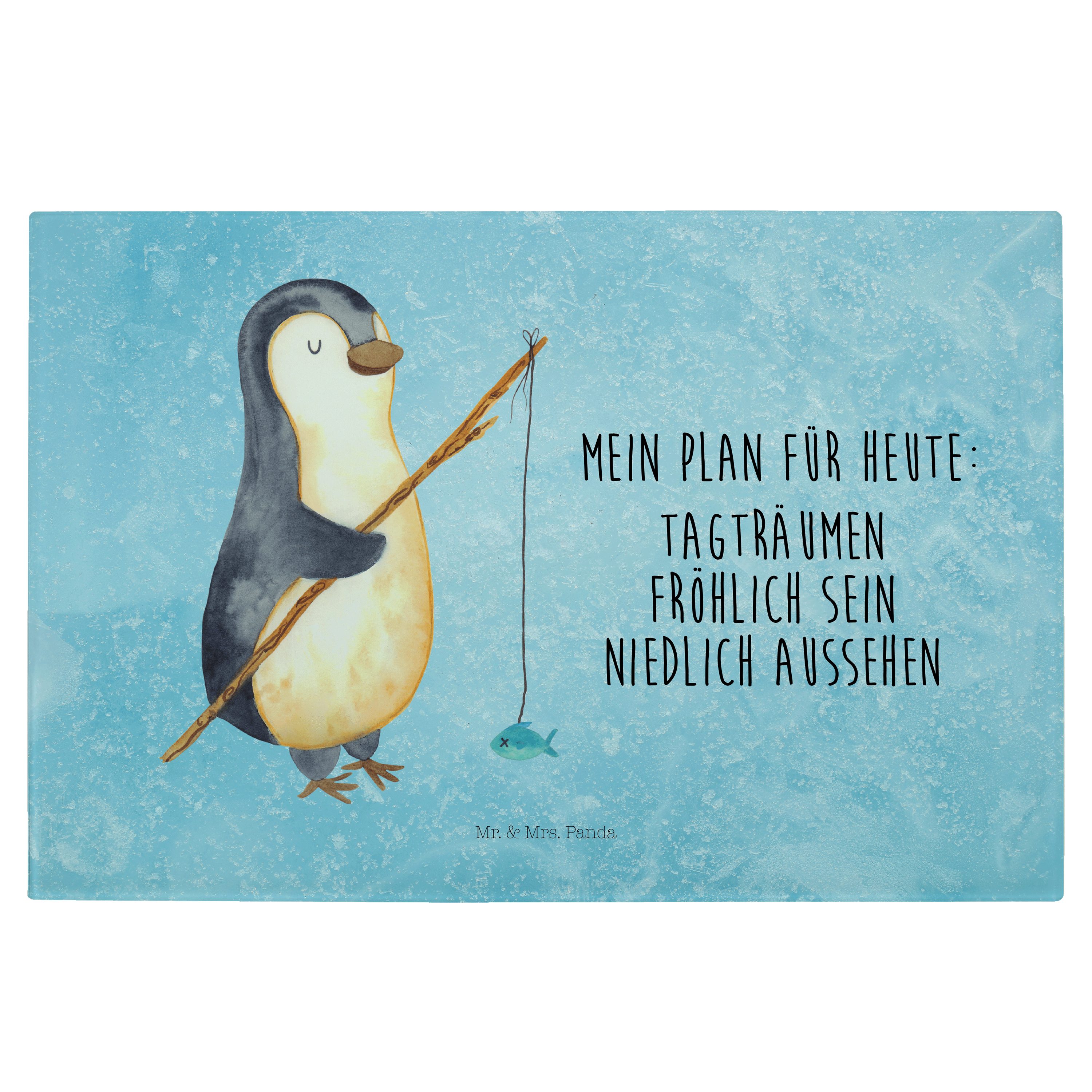 Mr. & Mrs. Panda Servierbrett Pinguin Angler - Eisblau - Geschenk, Fischer, Urlaub, Hobby, Glasschn, Premium Glas, (1-St)
