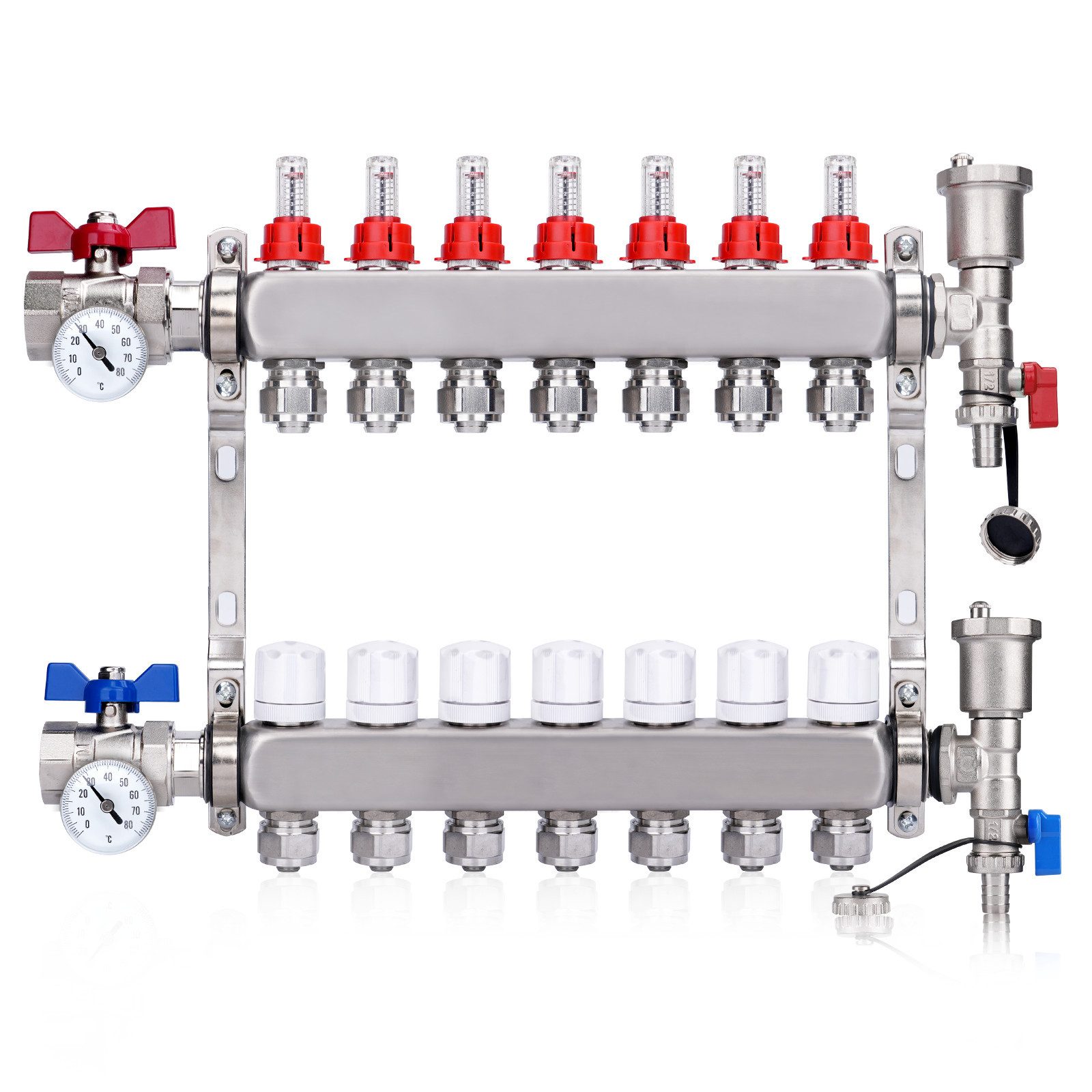 XERSEK Heizkreisverteiler Fußbodenheizung Festwertregelset, 2-13 Heizkreise, Klemmverschraubung (Edelstahl Systemverteiler mit Thermometer Stellantriebe Durchflussreg), 1" Kugelhähne, 3/4" AG mit Eurokonus, Max.10 Bar