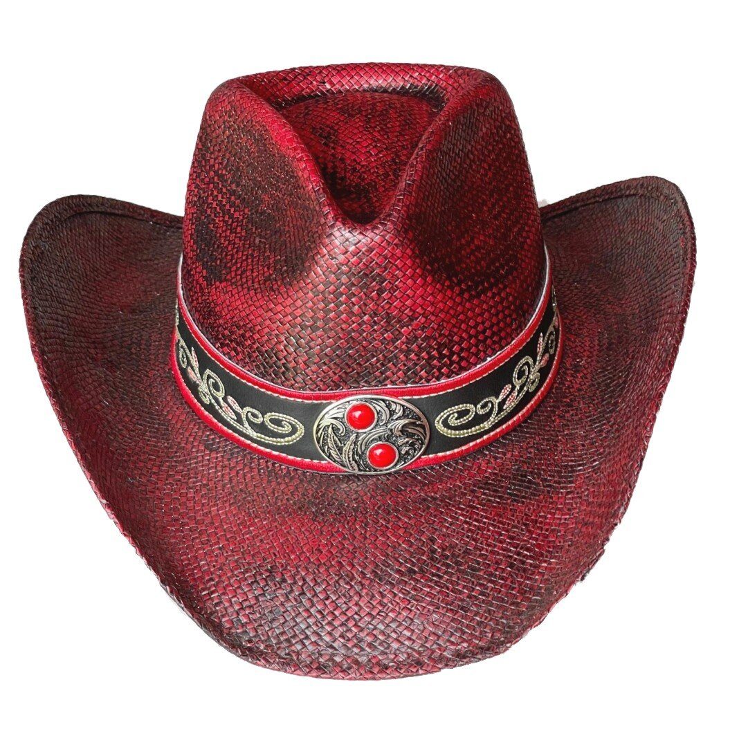 und Krempe Hutband Concho bestickter Strohhut Strohhut Weinroter mit Westernlifestyle Westernhut