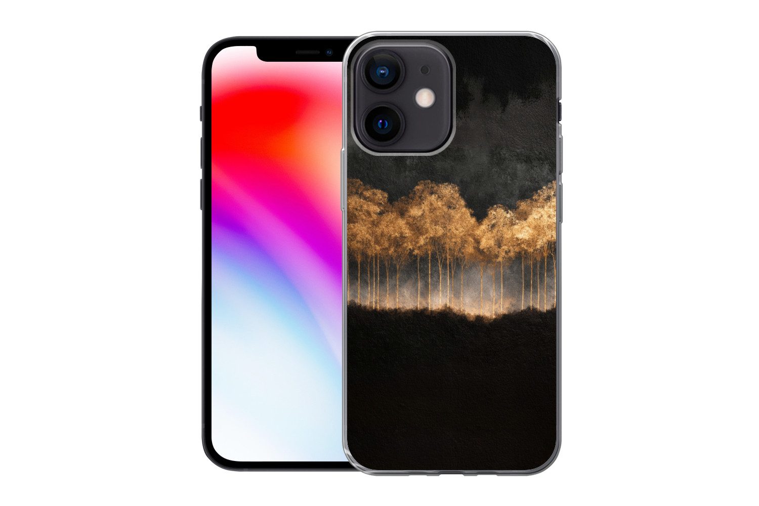 MuchoWow Handyhülle für Apple iPhone 12 Mini Goldene Bäume in nebliger Landschaft, Smartphone-Bumper, Print, Handy Schutzhülle Dünn