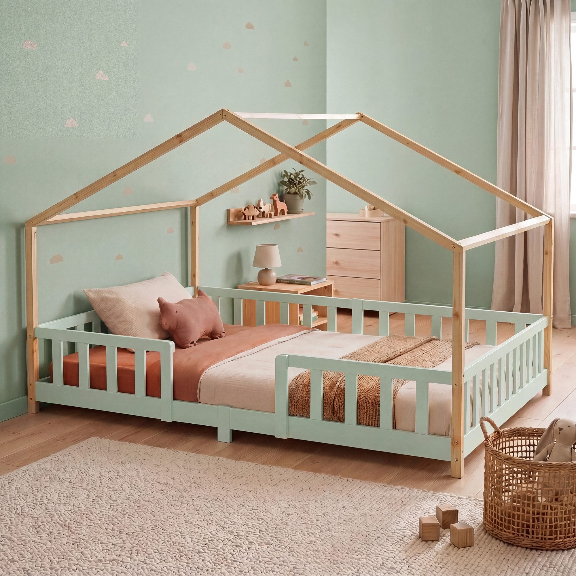 en.casa Kinderbett, »Treviolo« Haus-Optik Montessori 120x200 cm Mint/Natur