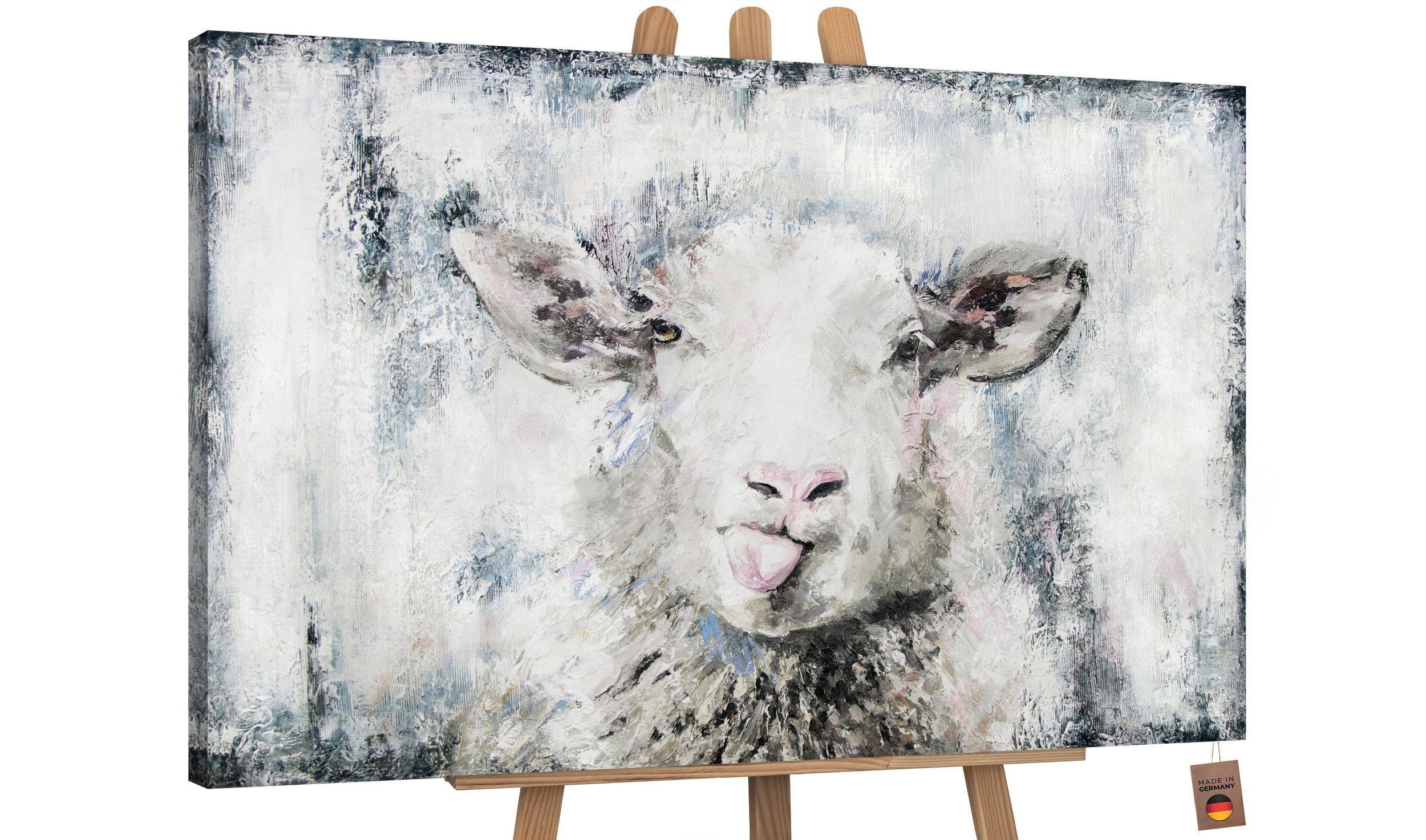 YS-Art Gemälde Glückliches Schaf, Tiere, Leinwand Bild Handgemalt Tier Rosa Blau Schwarz Ohne Schattenfugenrahmen