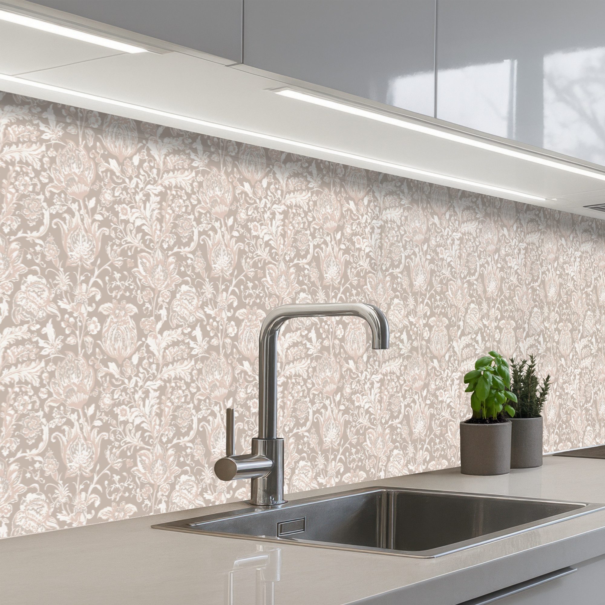 KitchenYeah Küchenrückwand selbstklebend Blumendruck - Grau - Creme, (1-tlg), Spritzschutz, Küche, Rückwand, Küchenwand, Küchenfront, 300x60 cm