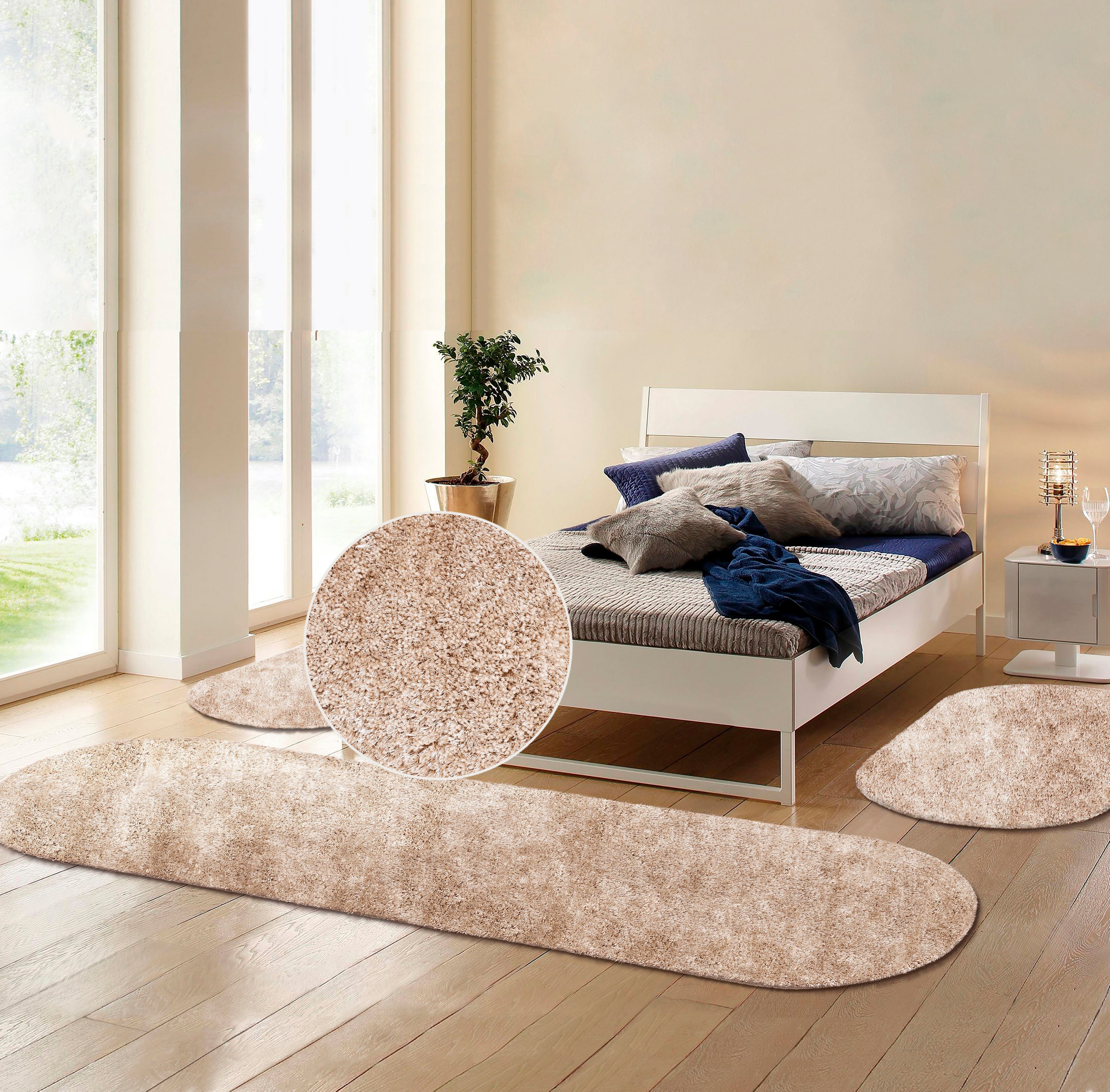 Bruno Banani Hochflor-Bettumrandung Dana Teppich, Kundenliebling, Höhe 30 mm, (3-tlg), unifarben, Mikrofaser, pflegeleicht, Bettvorleger, Schlafzimmer