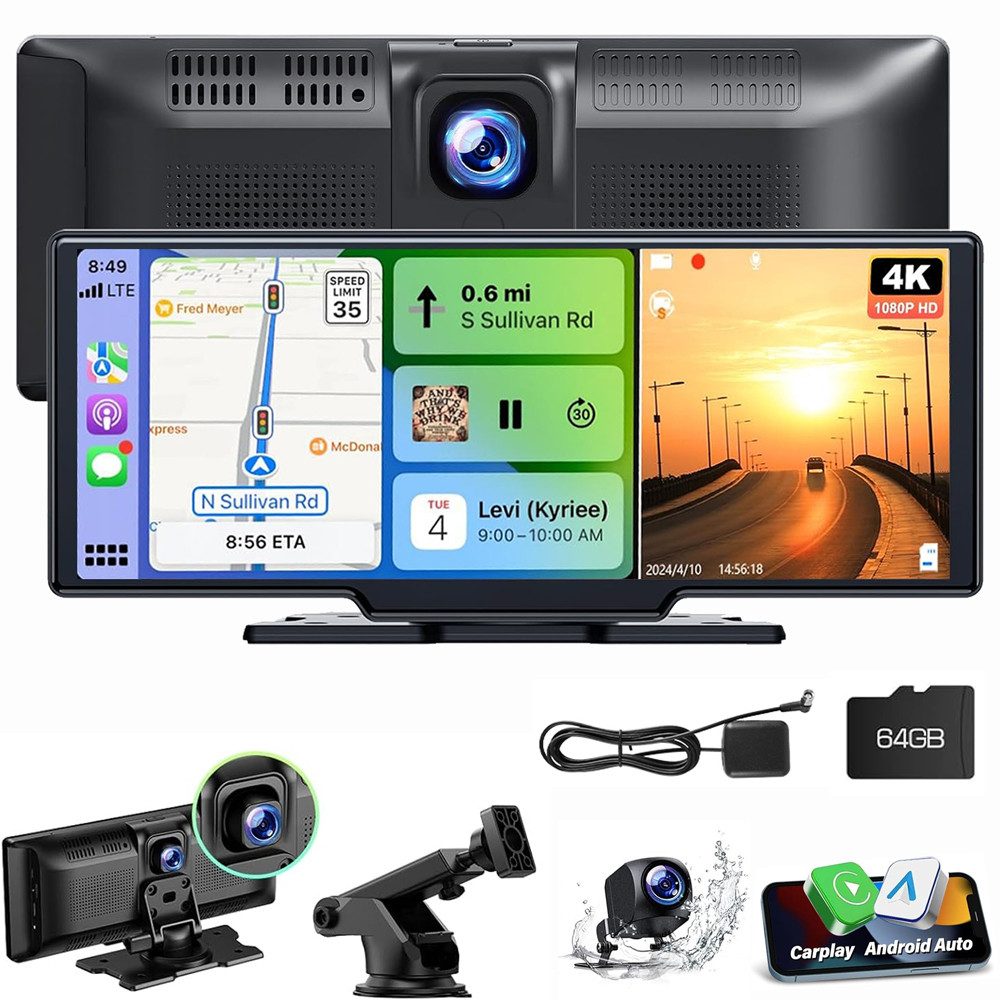 ESSGOO 4K 10.26" Wireless Carplay Android Auto Display Vorne Rückfahrkamera Navigationsgerät (Tragbar Autoradio Rückfahrkamera IPS Touchscreen GPS Navi FM AUX)