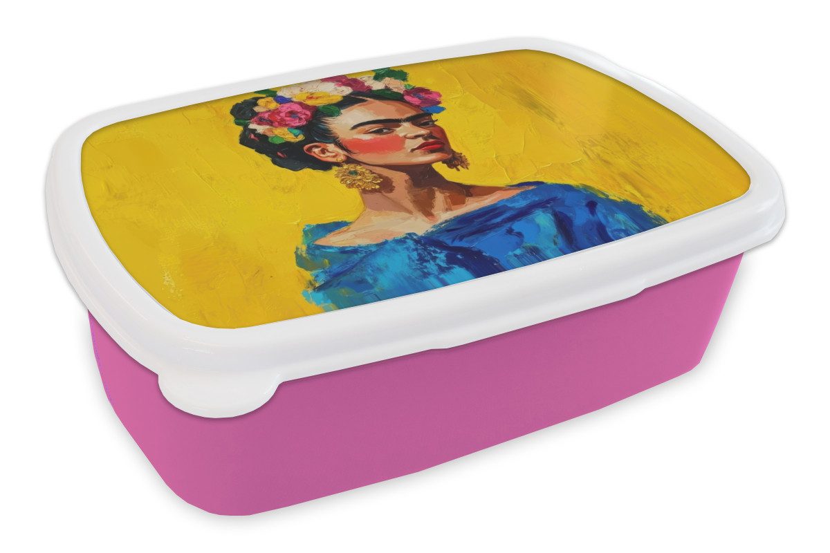 MuchoWow Lunchbox Frida Kahlo - Frau - Gelb - Blau - Blumen, Kunststoff, (2-tlg), Brotdosen, Lunch Box, Brotbox für Kinder und Erwachsene