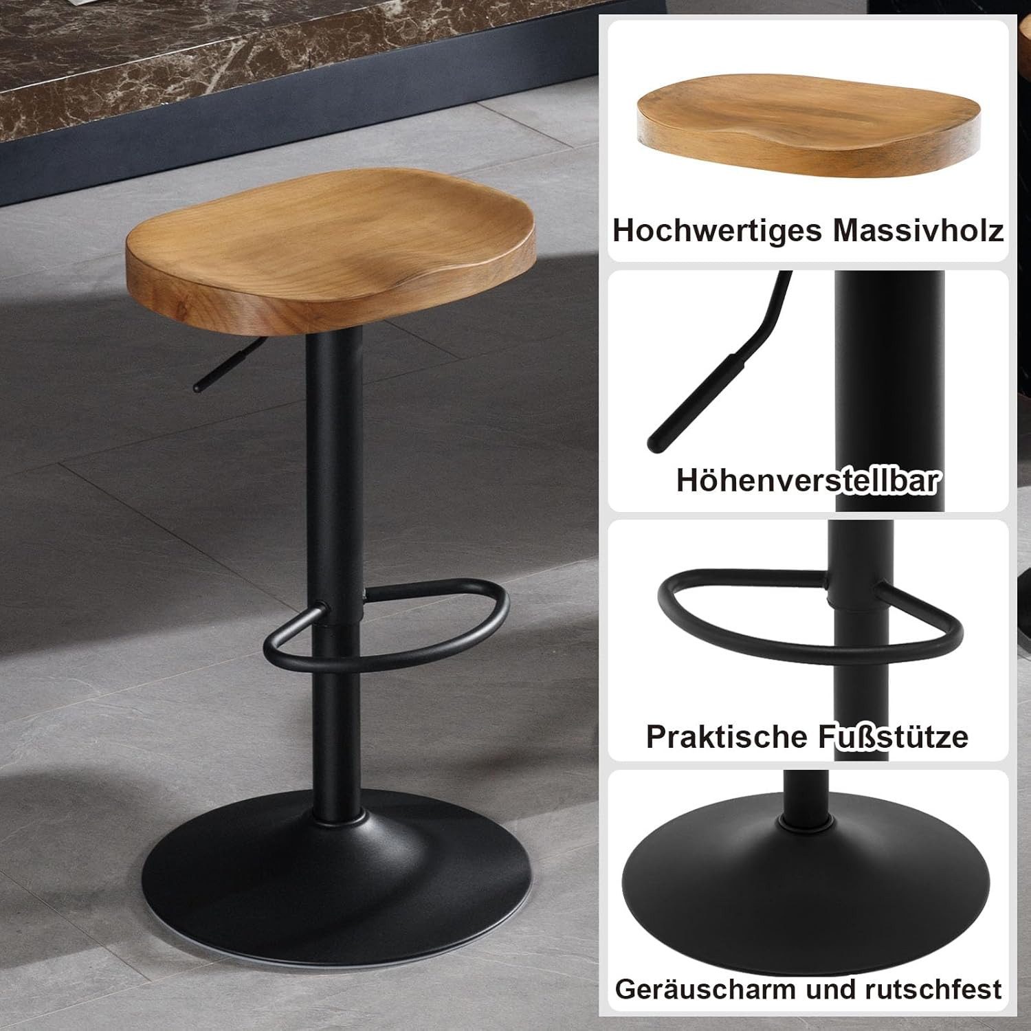 Woltu Barhocker (1 St), einzeln, mit Sattelsitz Fußstütze, aus Massivholz Metall