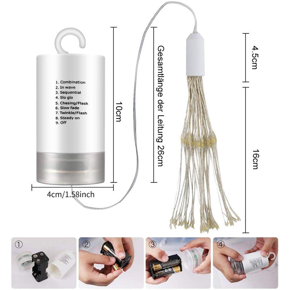 Rosnek LED-Lichterkette Feuerwerk, 198LEDs, Timer, Für Hochzeit Weihnachtsdeko, Fernbedienung, Kupferdraht, Batterie